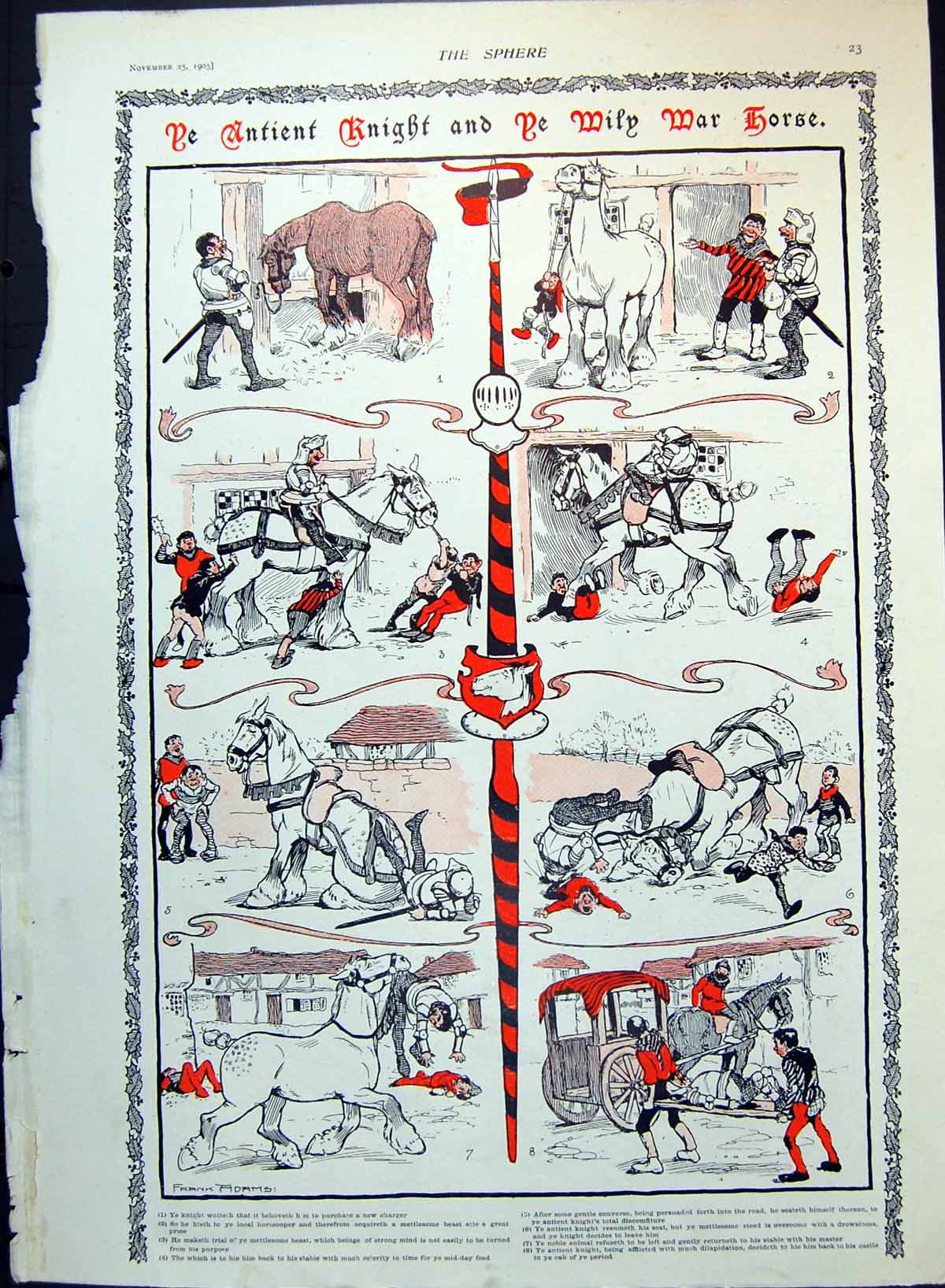 Antique Old Print Ancient Knight And Wily War Horse Professor Skyhigh 1905 20th
