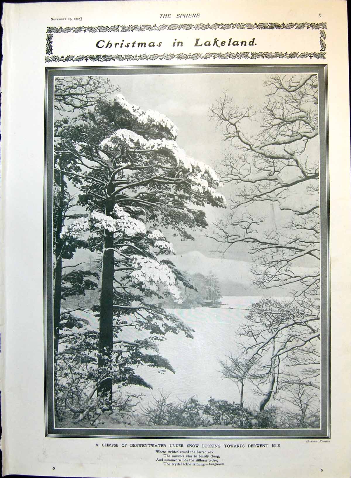 Antique Print Derwentwater Under Snow Towards Derwent Isle Mill Gibbet 1905