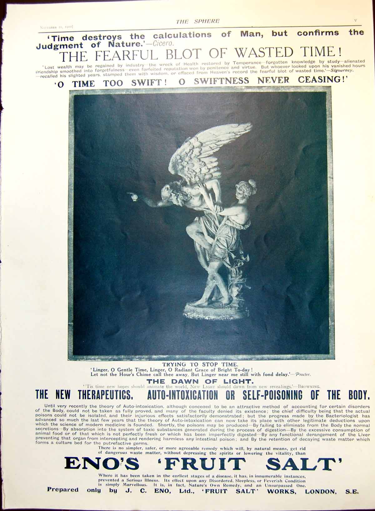 Old Print Eno'S Fruit Salt Time Sculpture Advert In The Wings Panto 1910 20th