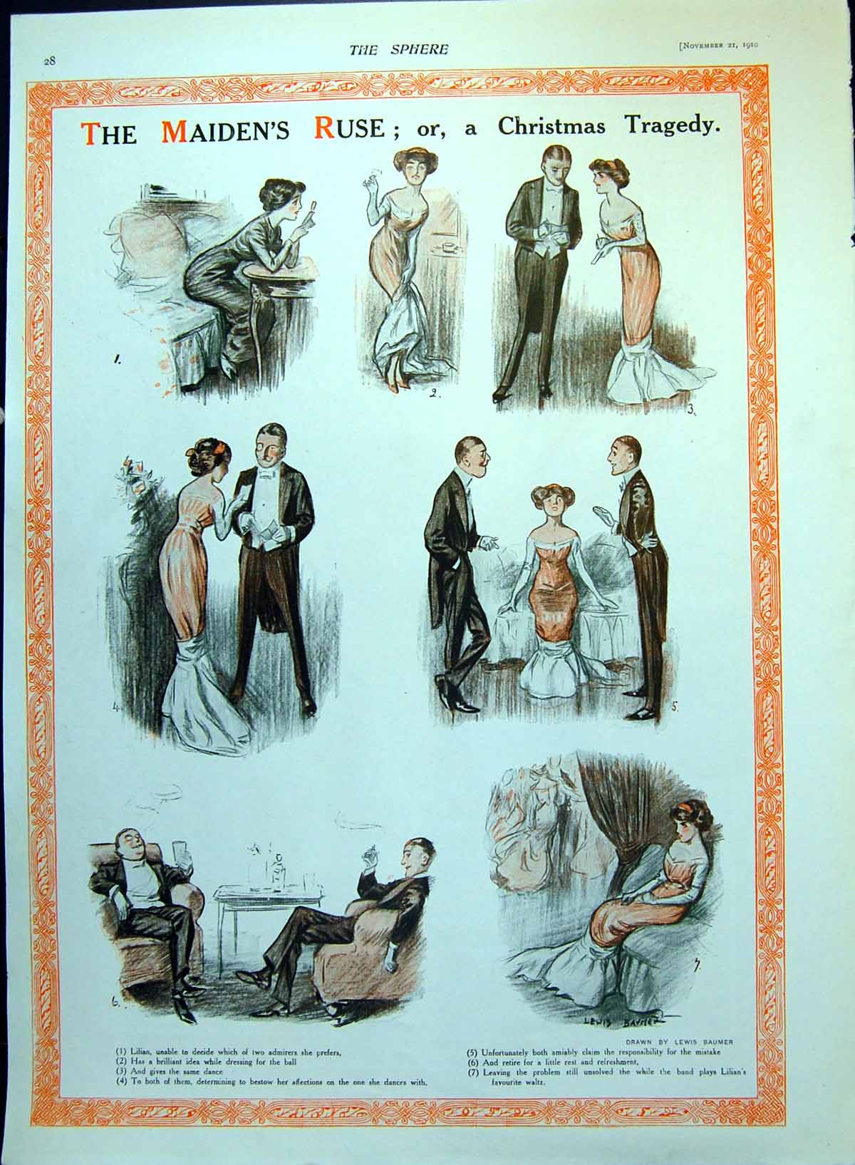 Antique Old Print Maiden'S Ruse Dance Gentlemen Lady Monarch The Snow 1910 20th