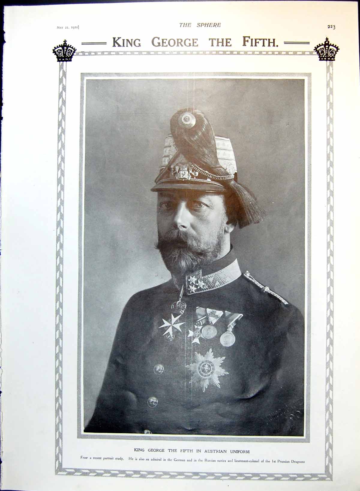 Old Antique Print King George Fifth In Austrian Uniform Queen Mary 1910 20th