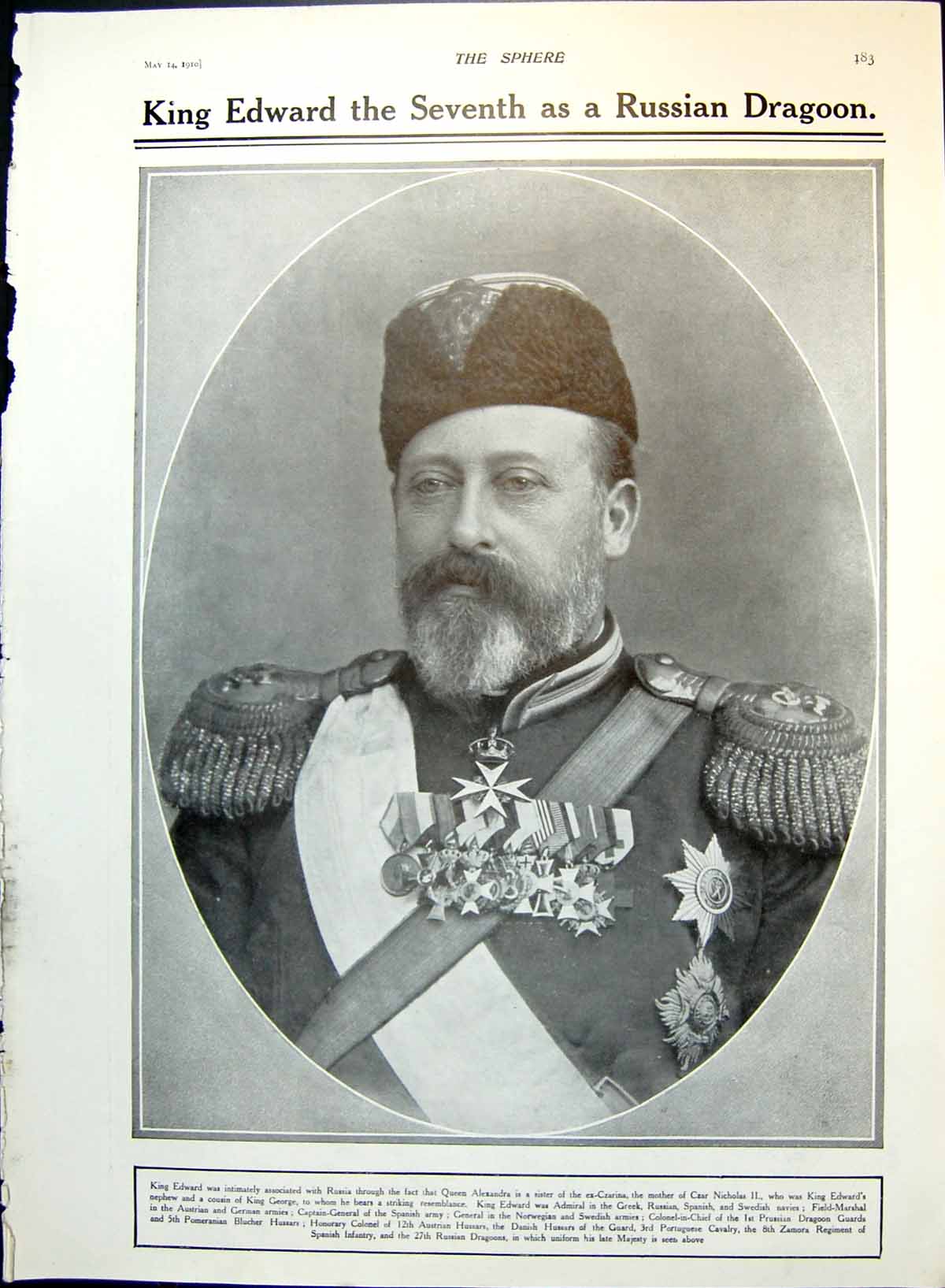 Antique Old Print King Edward Seventh As Russian Dragoon Activities 1908 1910
