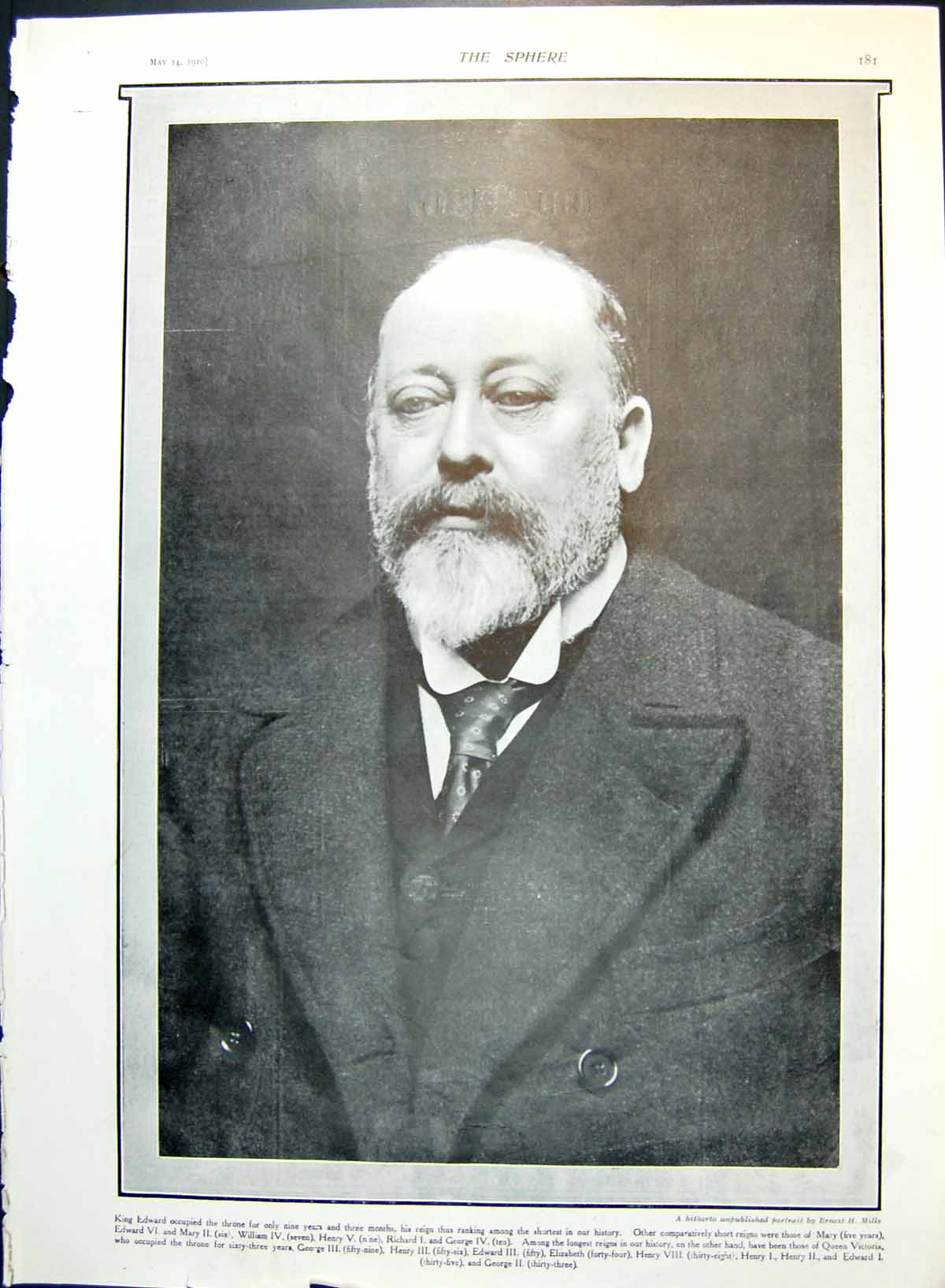 Antique Old Print King Edward Portrait Activities 1906-7 At Opera House 1910
