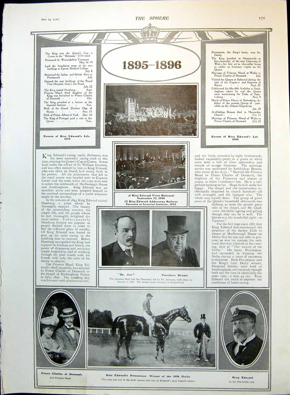Antique Print King Edward Activities 1895-8 Balmoral Funeral Gladstone 1910