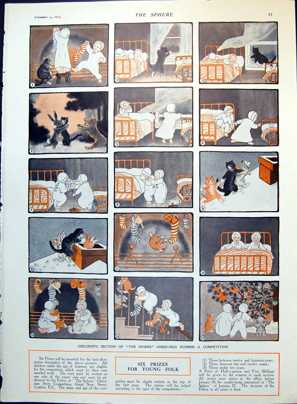 Antique Old Print Story Cats Stockings Christmas Greedy Children Pigs 1913 20th