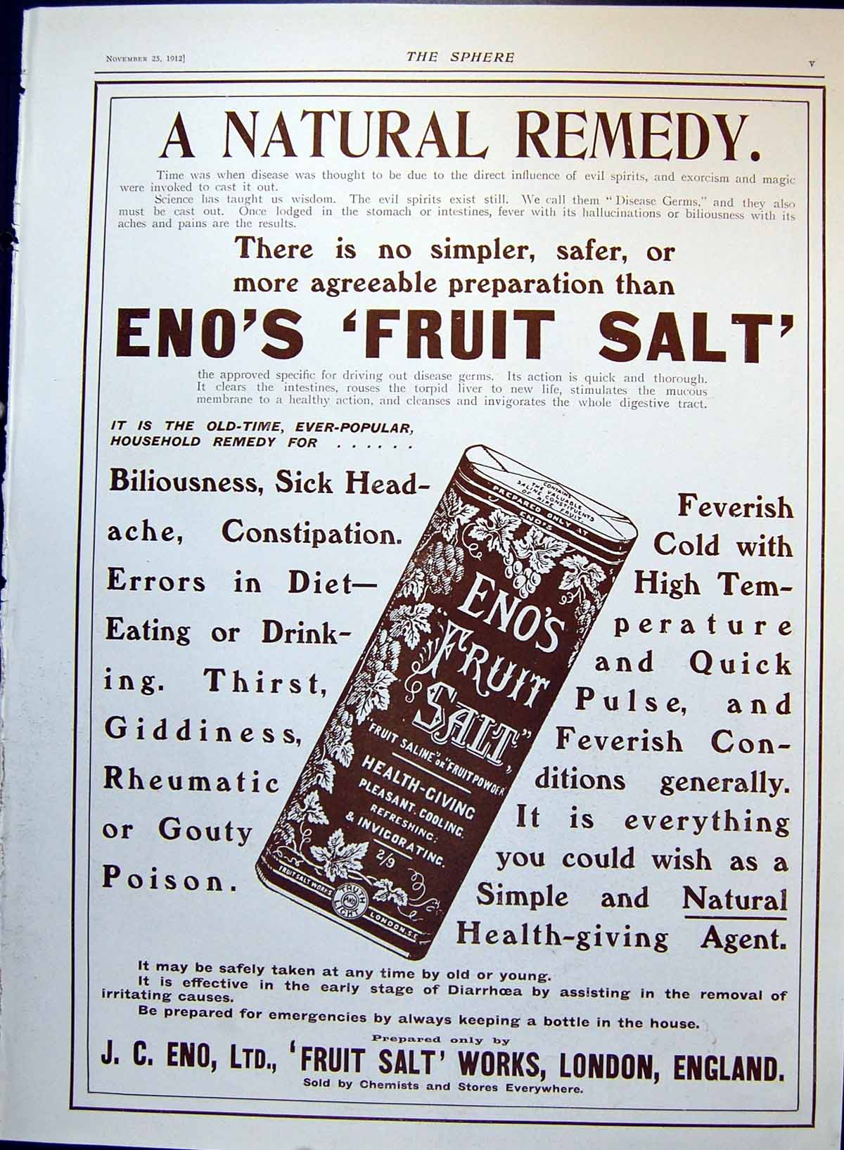Old Antique Print Eno'S Fruit Salt Advert Christmas Eve Hymn Germany 1912 20th