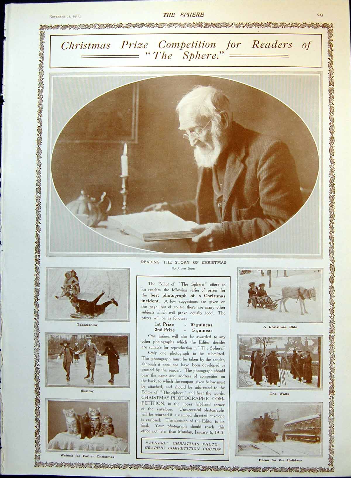 Antique Old Print Man Reading Story Winter Sports Tricks For Christmas 1912