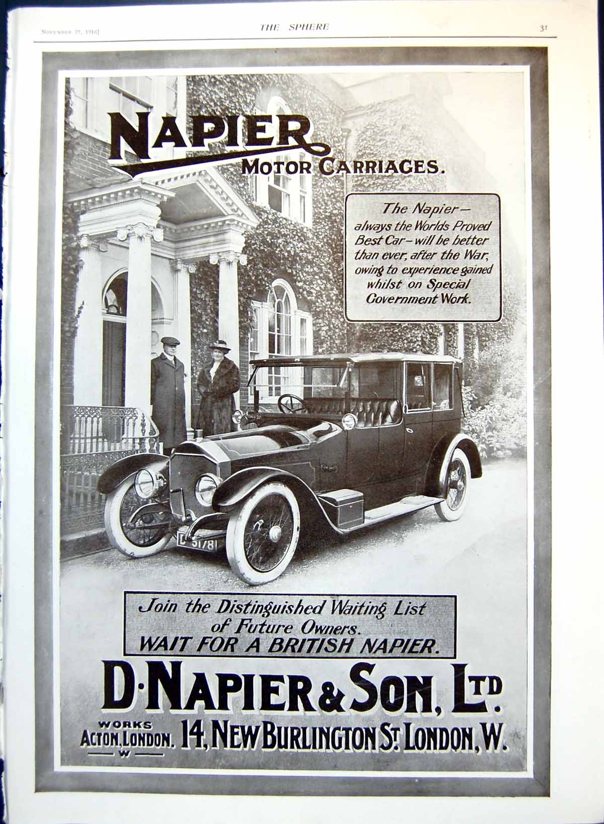 Antique Old Print Napier Motor Car Advert Oxo Ready In A Moment Munsters 1916