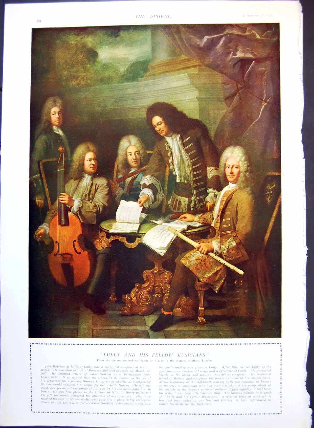 Antique Old Print Lully Fellow Musicians H Rigaud The Courting Wl Taylor 1916