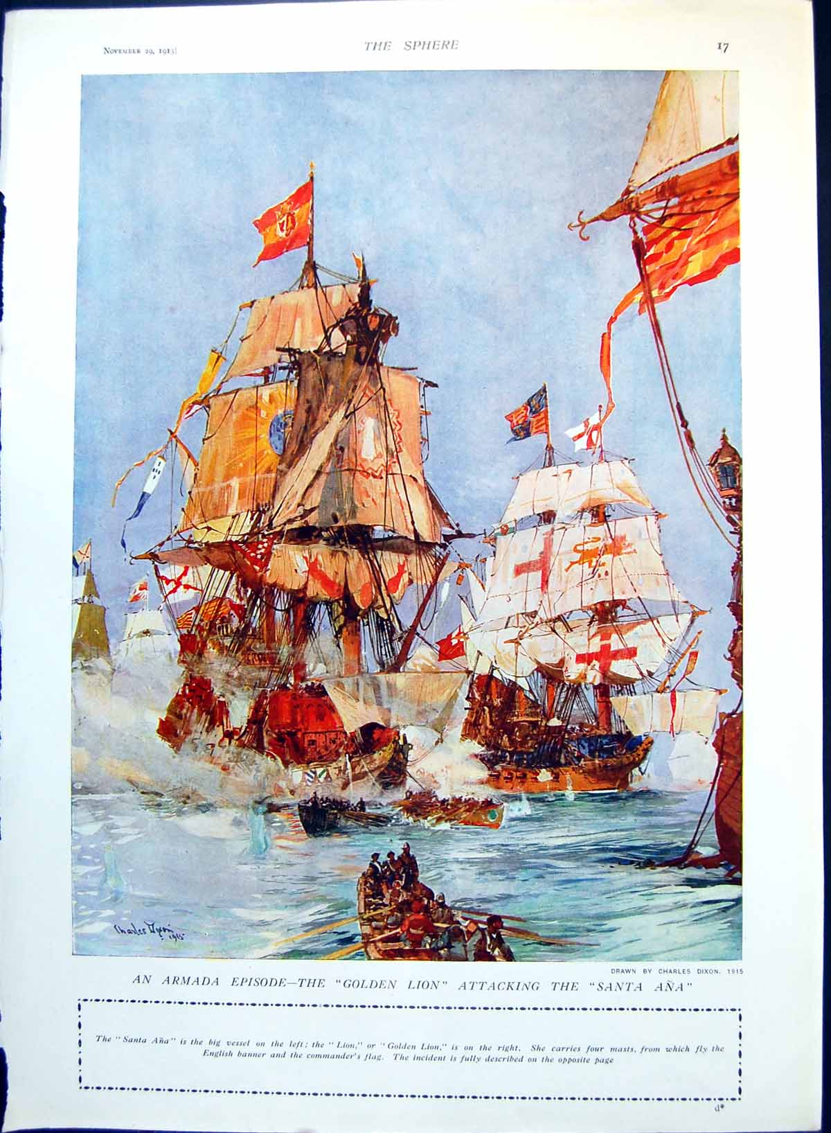 Old Print Armada Gen Lion Attacking Santa Ana Marquise De Pompadour 1915 20th