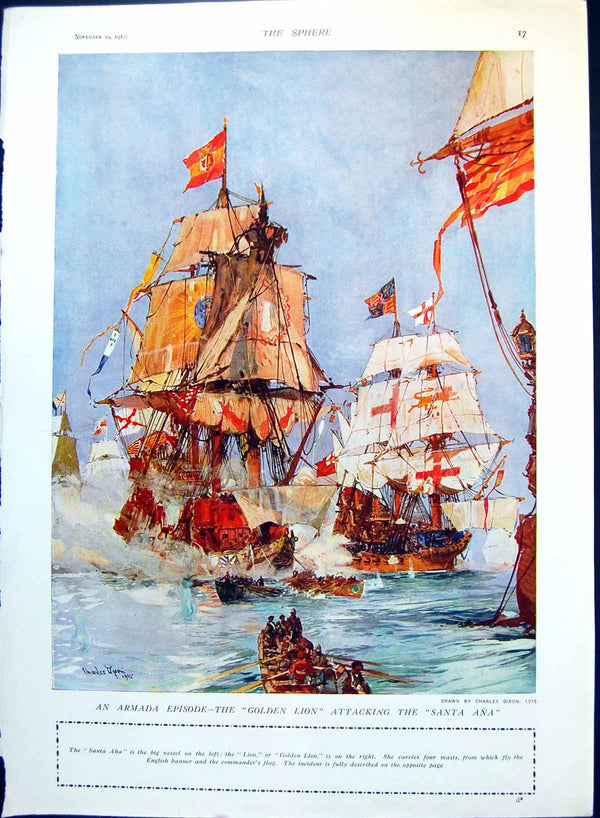 Old Print Armada Gen Lion Attacking Santa Ana Marquise De Pompadour 1915 20th