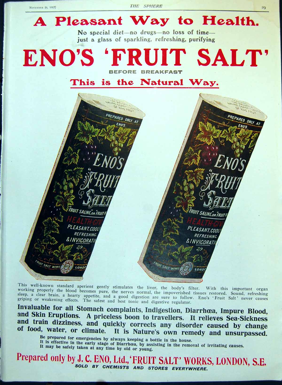 Antique Old Print Eno'S Fruit Salt Colour Advert Chickens Breakfast Snow 1917