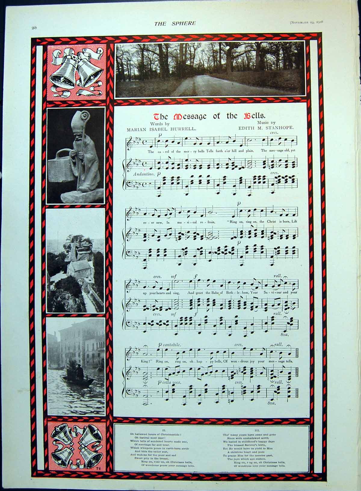 Old Antique Print Message The Bells Music Words Woodland Scene Canal 1908 20th