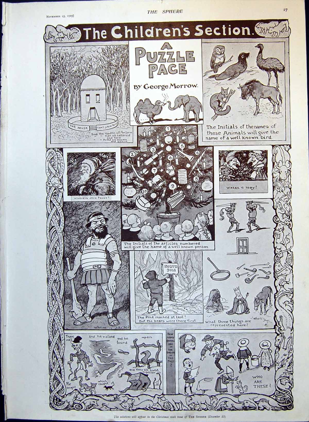 Old Print Children'S Puzzle Page Crooked Man Knights King North Pole 1905 20th