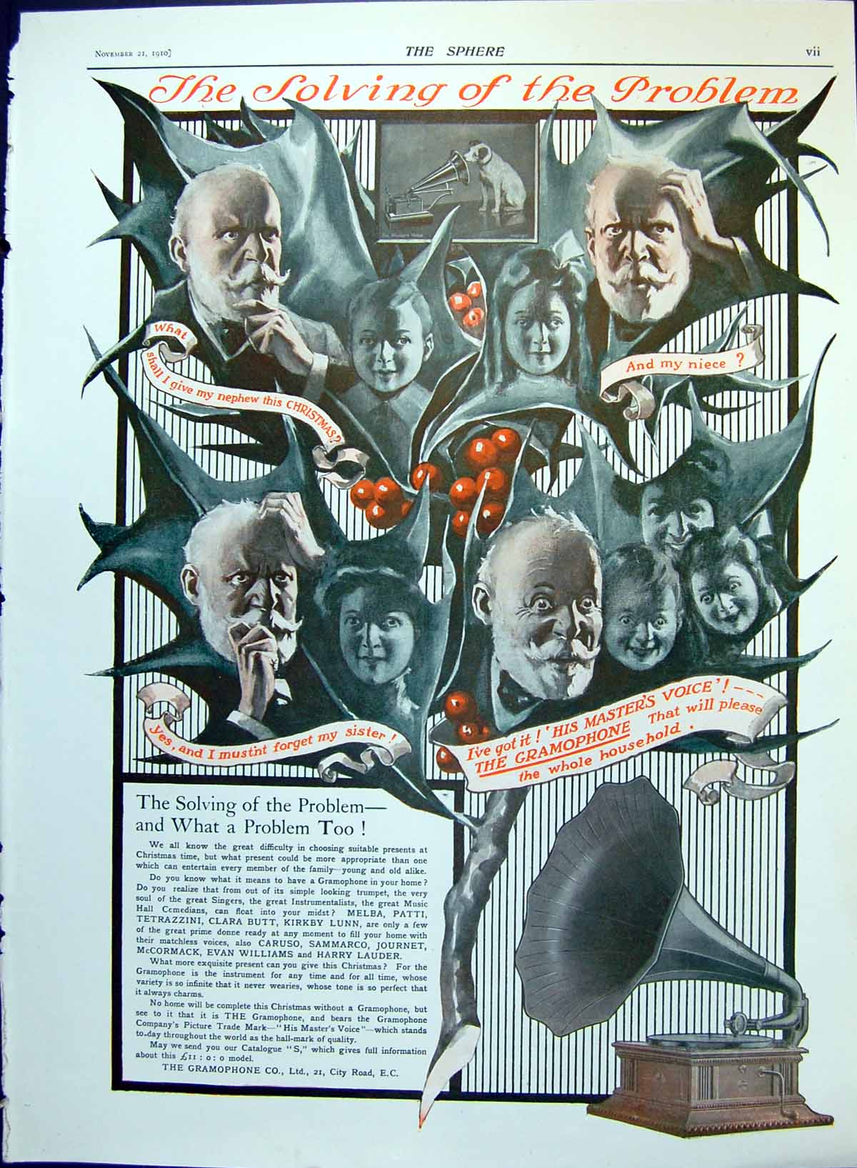 Antique Old Print Solving Problem What Buy Christmas Gramopohone Advert 1910