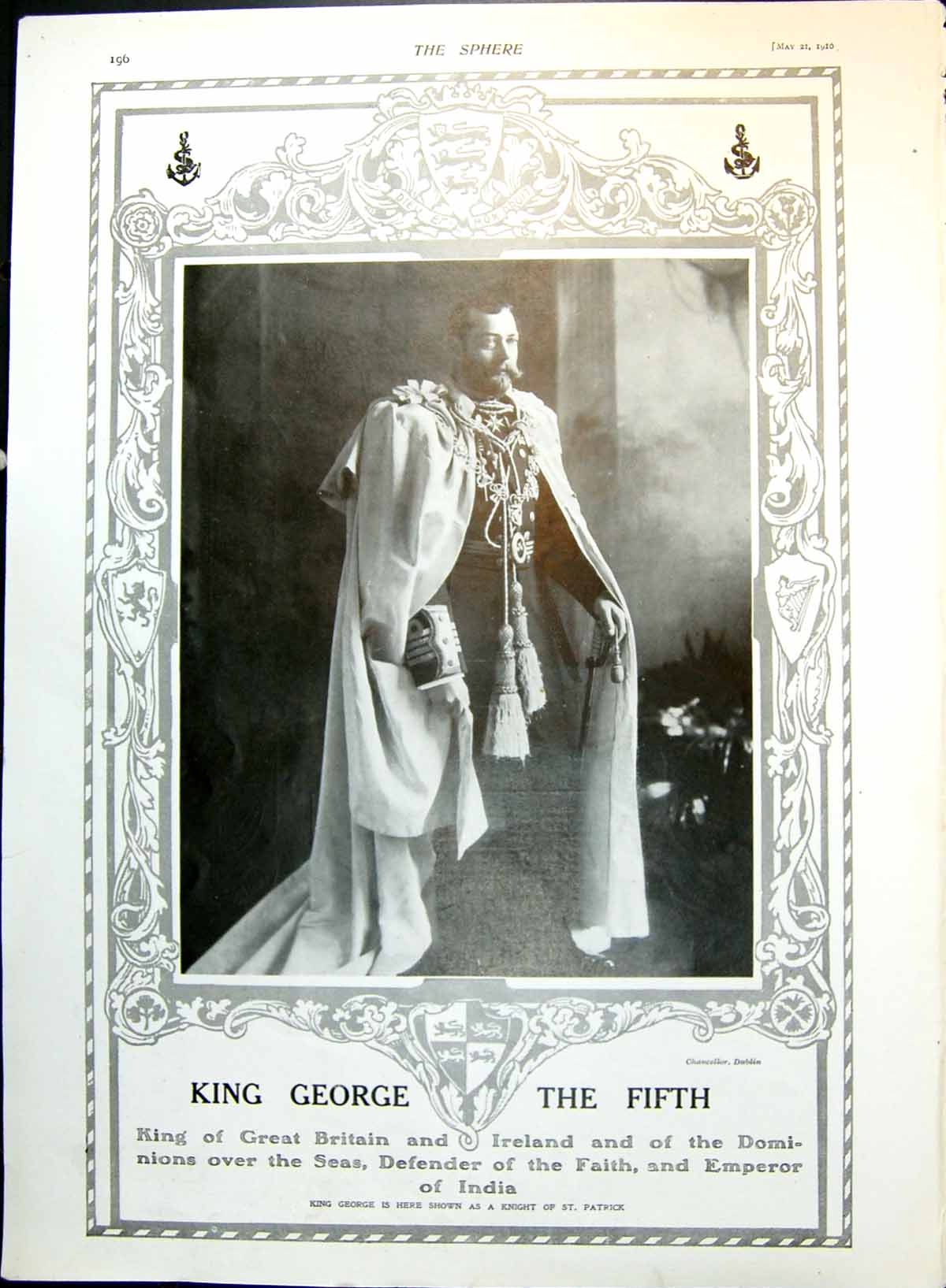 Antique Old Print King George The Fifth Shown As A Knight St. Patrick 1910 20th