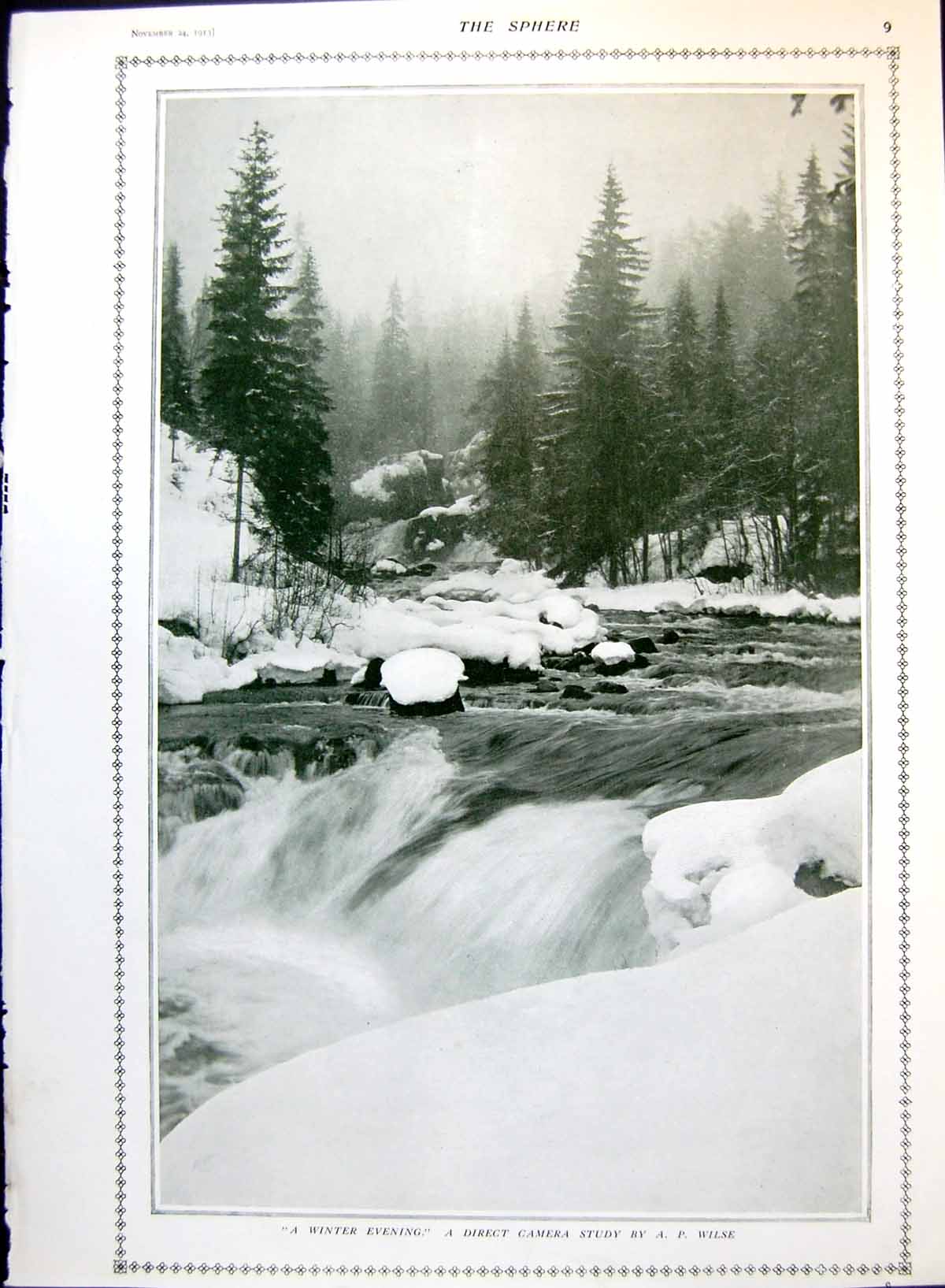 Antique Old Print A Winter Evening Direct Camera Study Snowy Riverside 1913