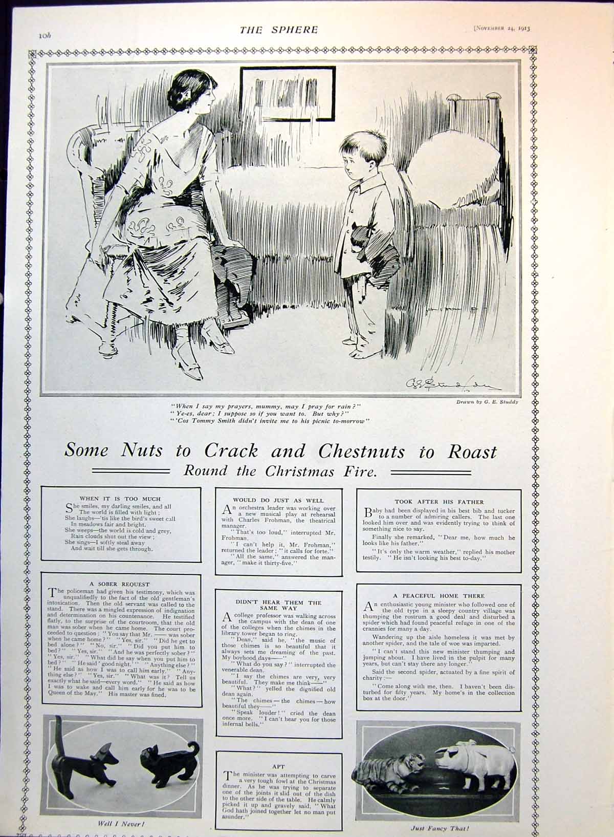 Old Print Little Boy Asking Mummy Pray For Rain Chair Bedside Teddy 1913 20th