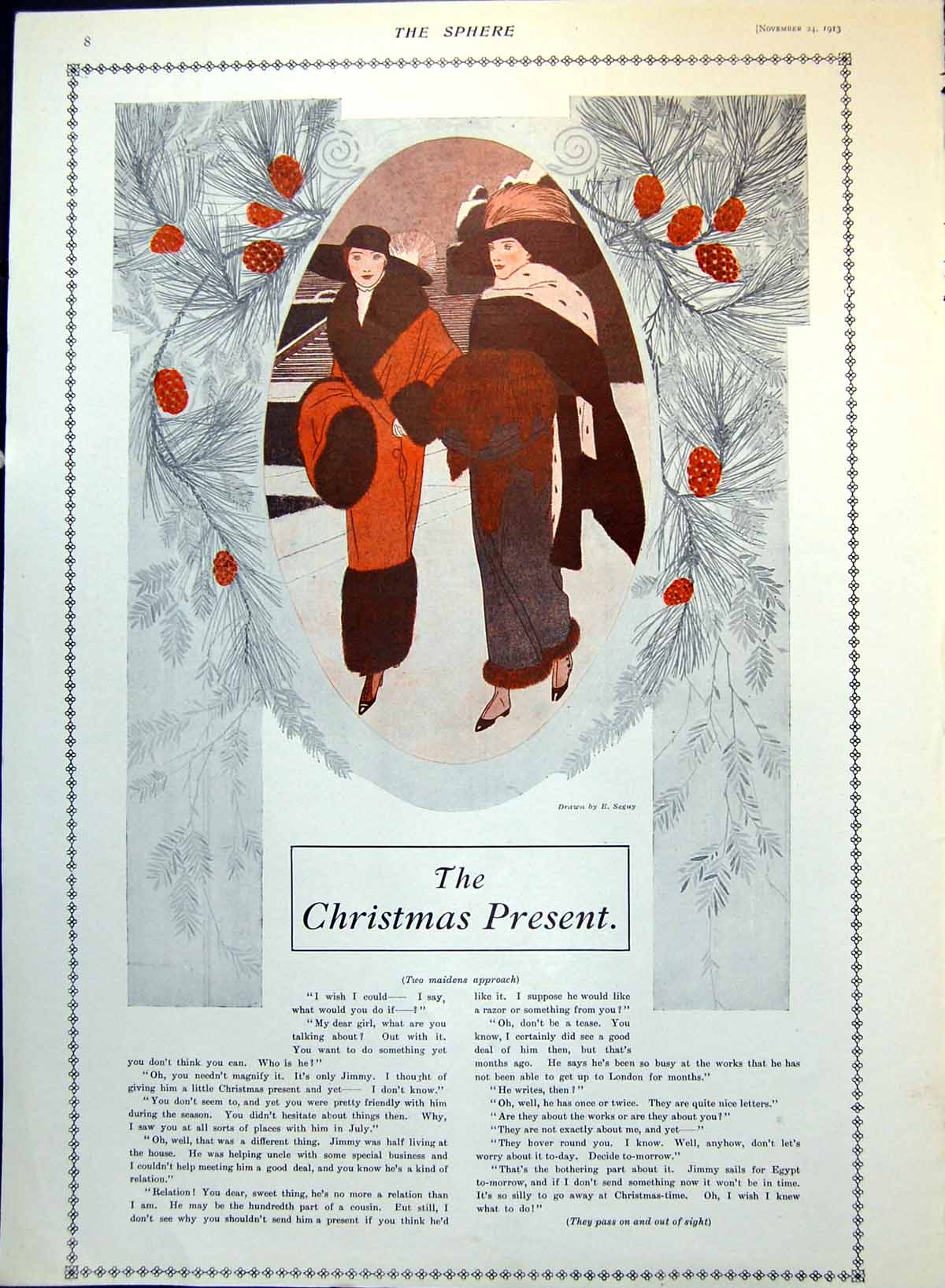 Antique Print The Christmas Present Two Ladies Walking Muffled In Furs 1913