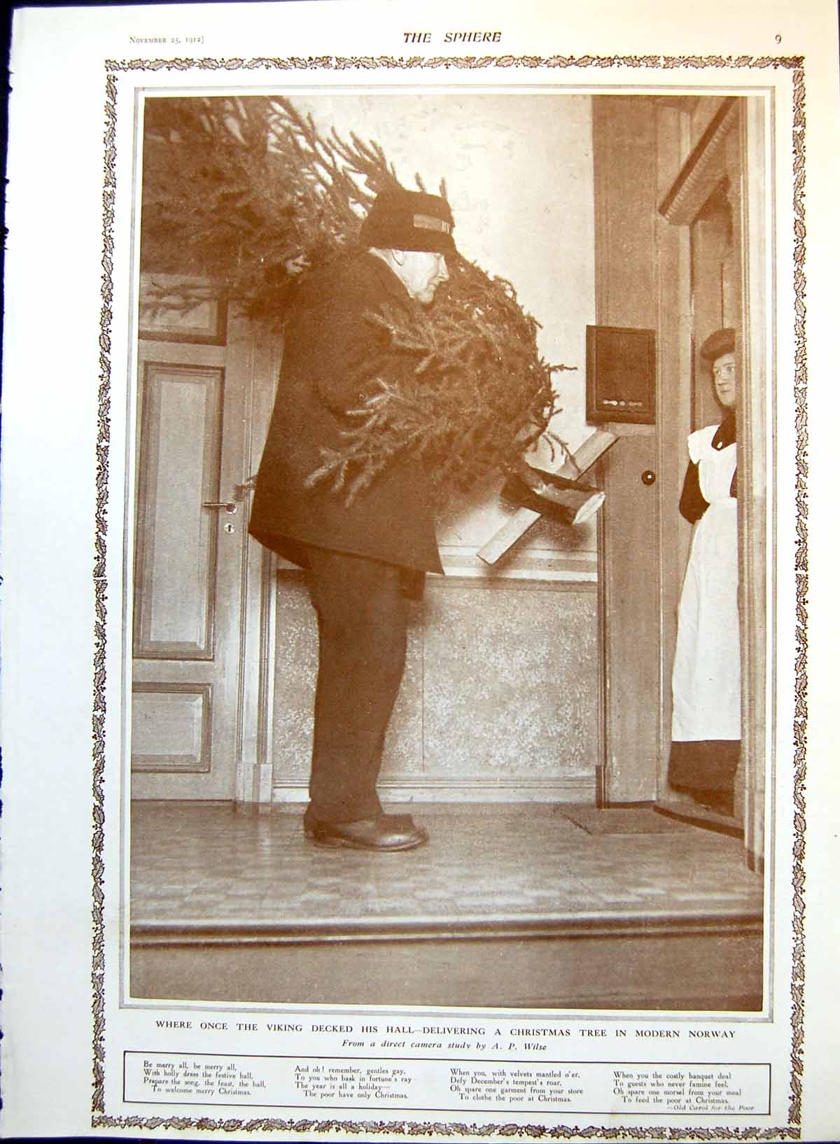 Antique Old Print Delivering The Tree Christmas Modern Norway Man Maid 1912