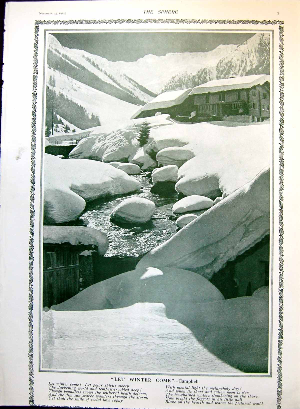 Old Print Let Winter Come Campbell Poem Mountains Chalet Snow River 1912 20th