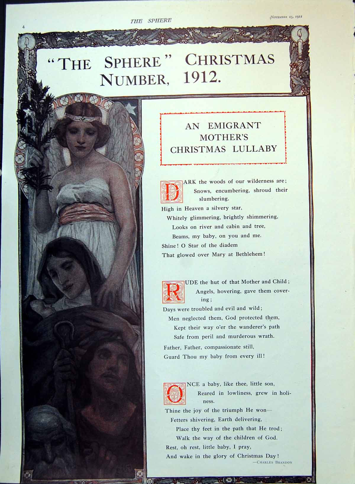 Antique Print An Emigrant Mother'S Christmas Lullaby Angel Bough Baby 1912 20th