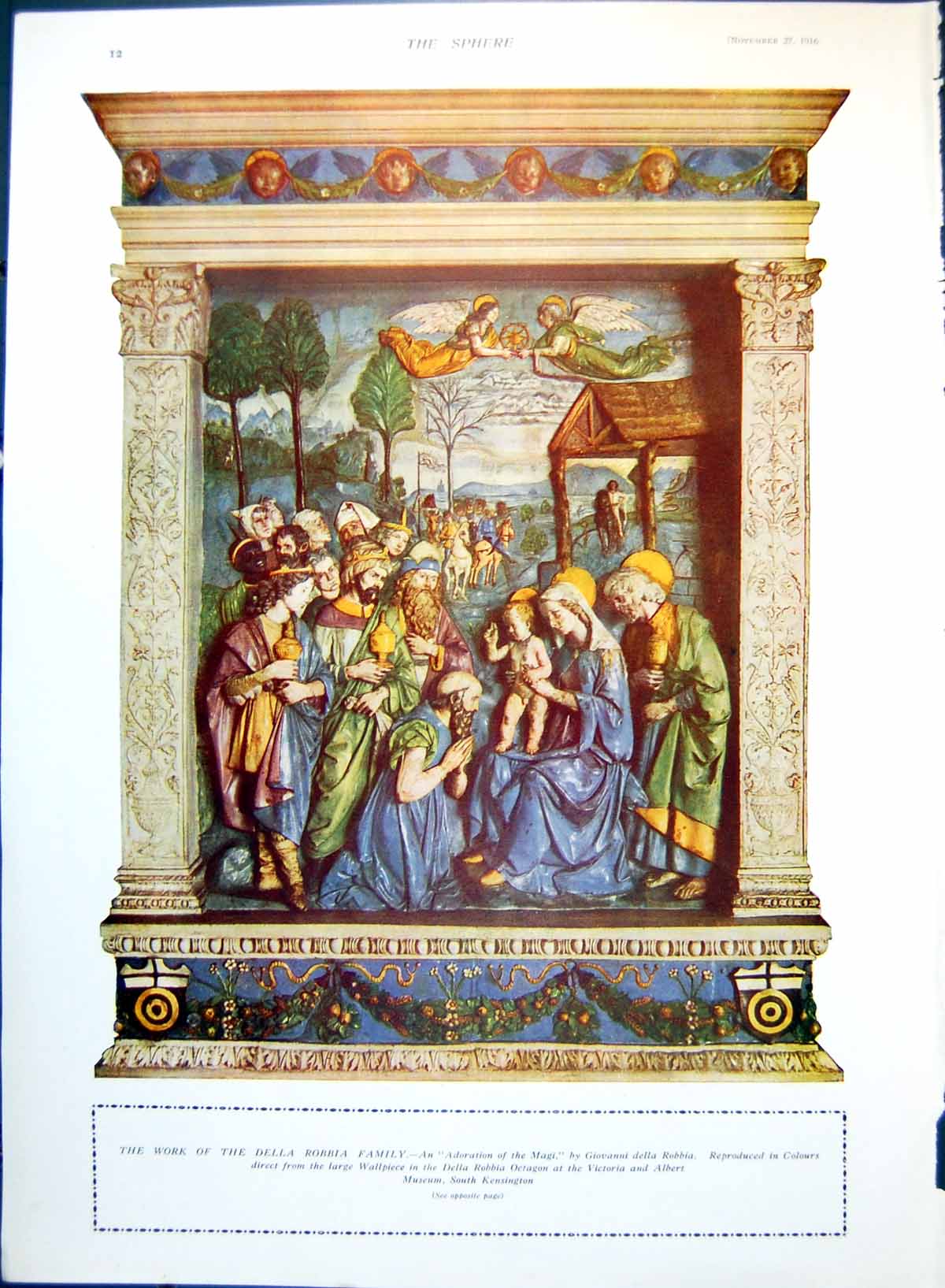 Antique Old Print Adoration The Magi Giovanni Della Robbia Angels Gifts 1916