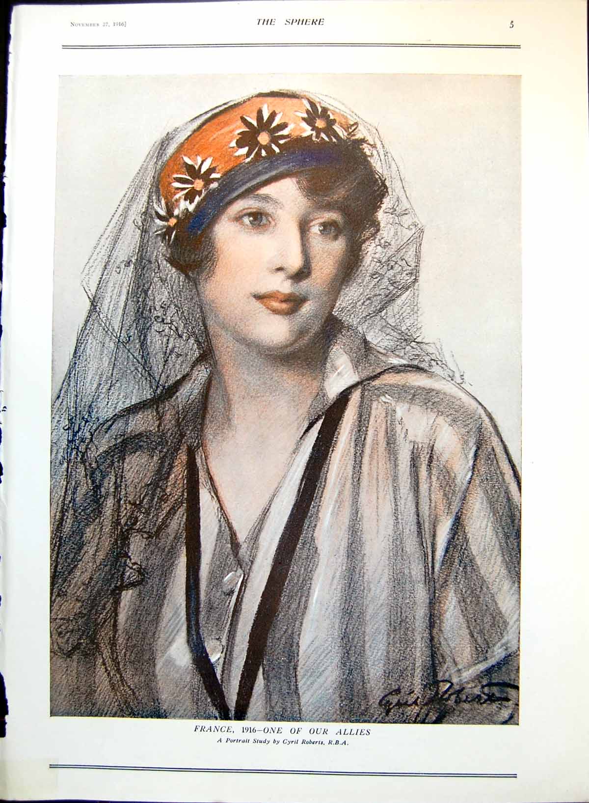 Antique Print France 1916 One Our Allies Portrait Study Lady C Roberts 1916
