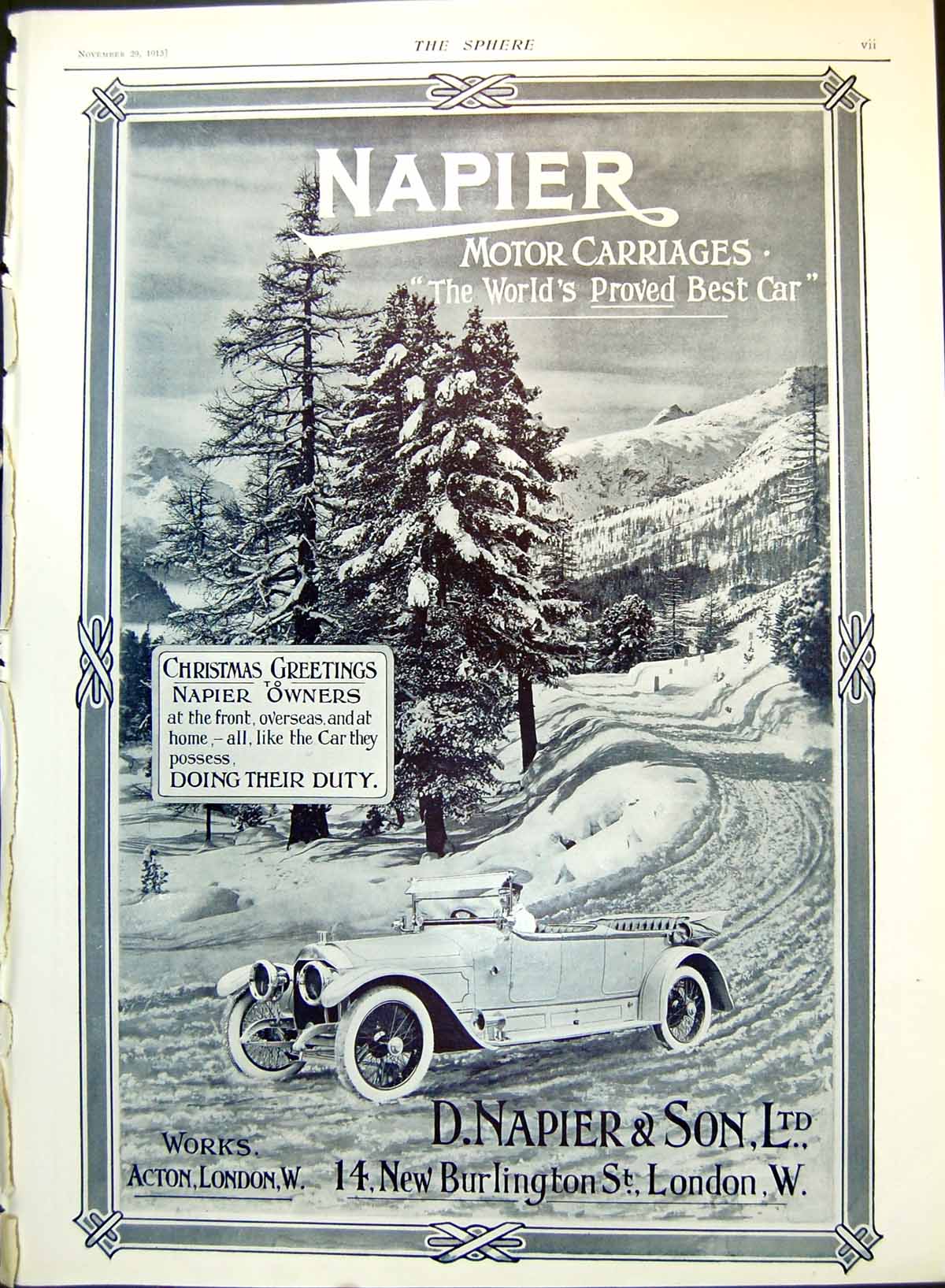 Antique Print Napier Motor Carriages Advert Snowy Mountain Scene Trees 1915