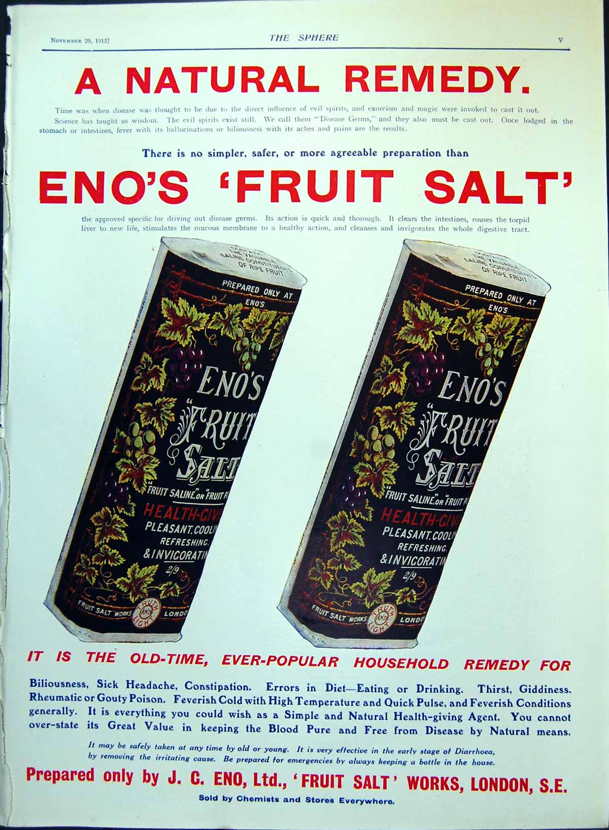 Old Print Eno'S Fruit Salt Colour Advertisement Grapevines Packaging 1915 20th
