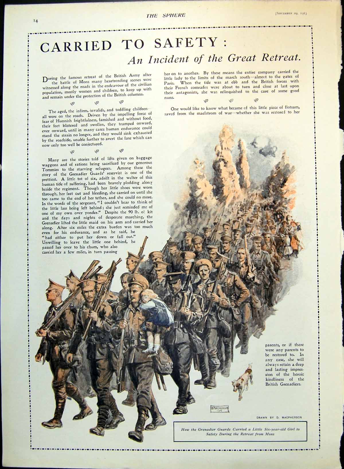 Antique Old Print Grenadier Guards Carry A Six Year Girl To Safety Mons 1915