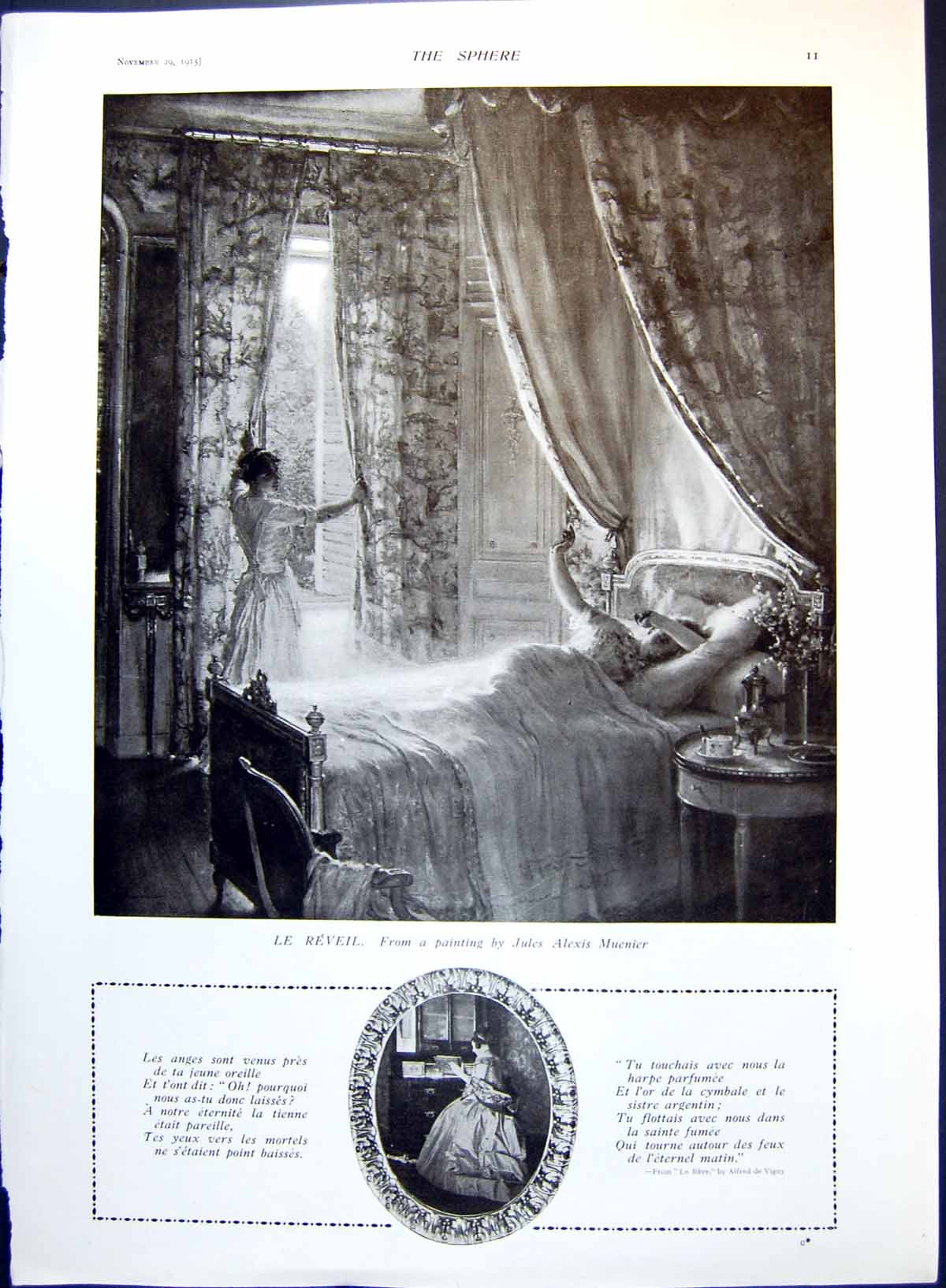 Old Print Le Reveil From Painting Jules Alexis Muenier Lady Bed Maid 1915 20th