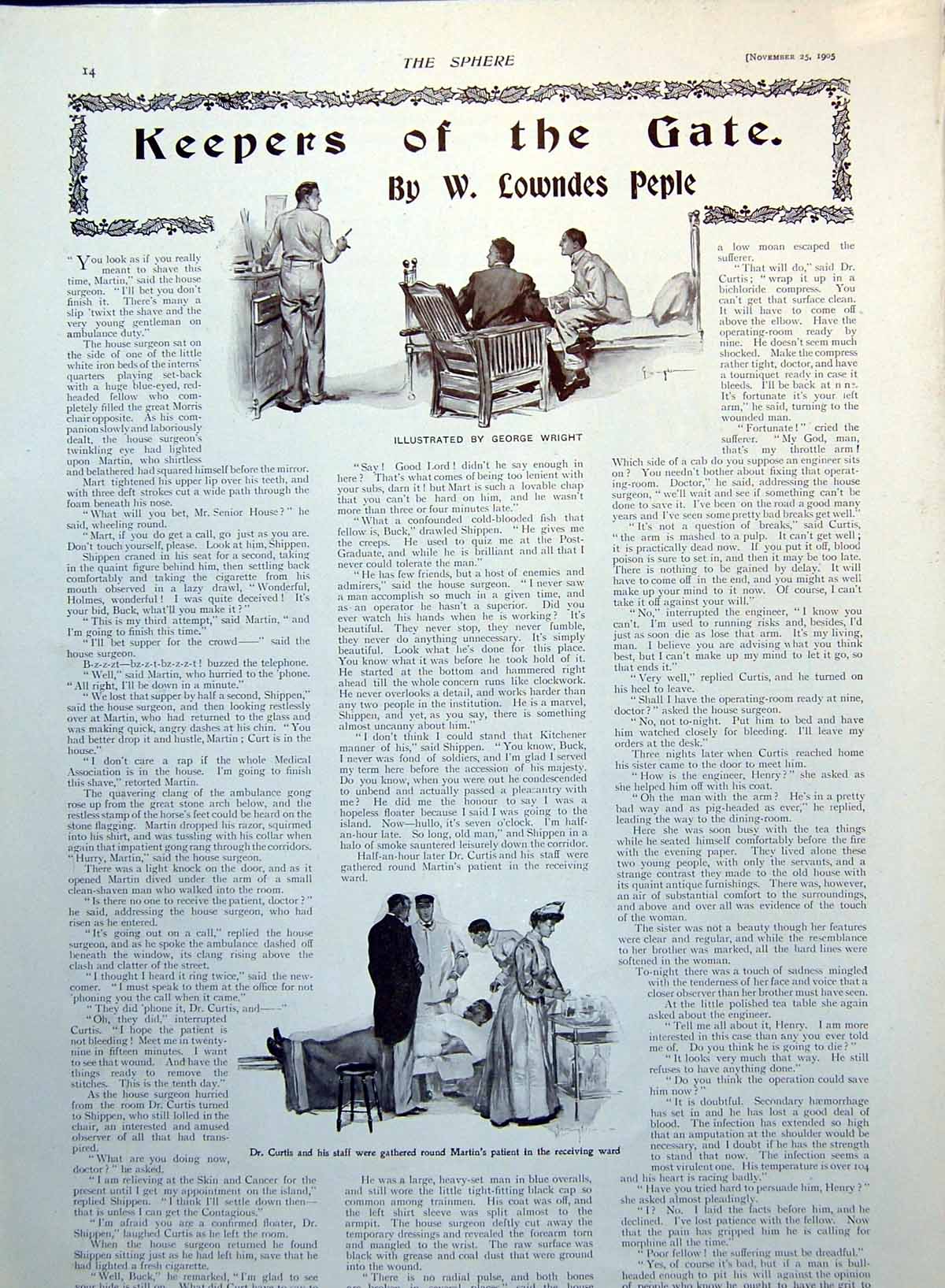 Antique Old Print Dr Nurse Patient In Bed Comforted By Lady Keepers Gate 1905