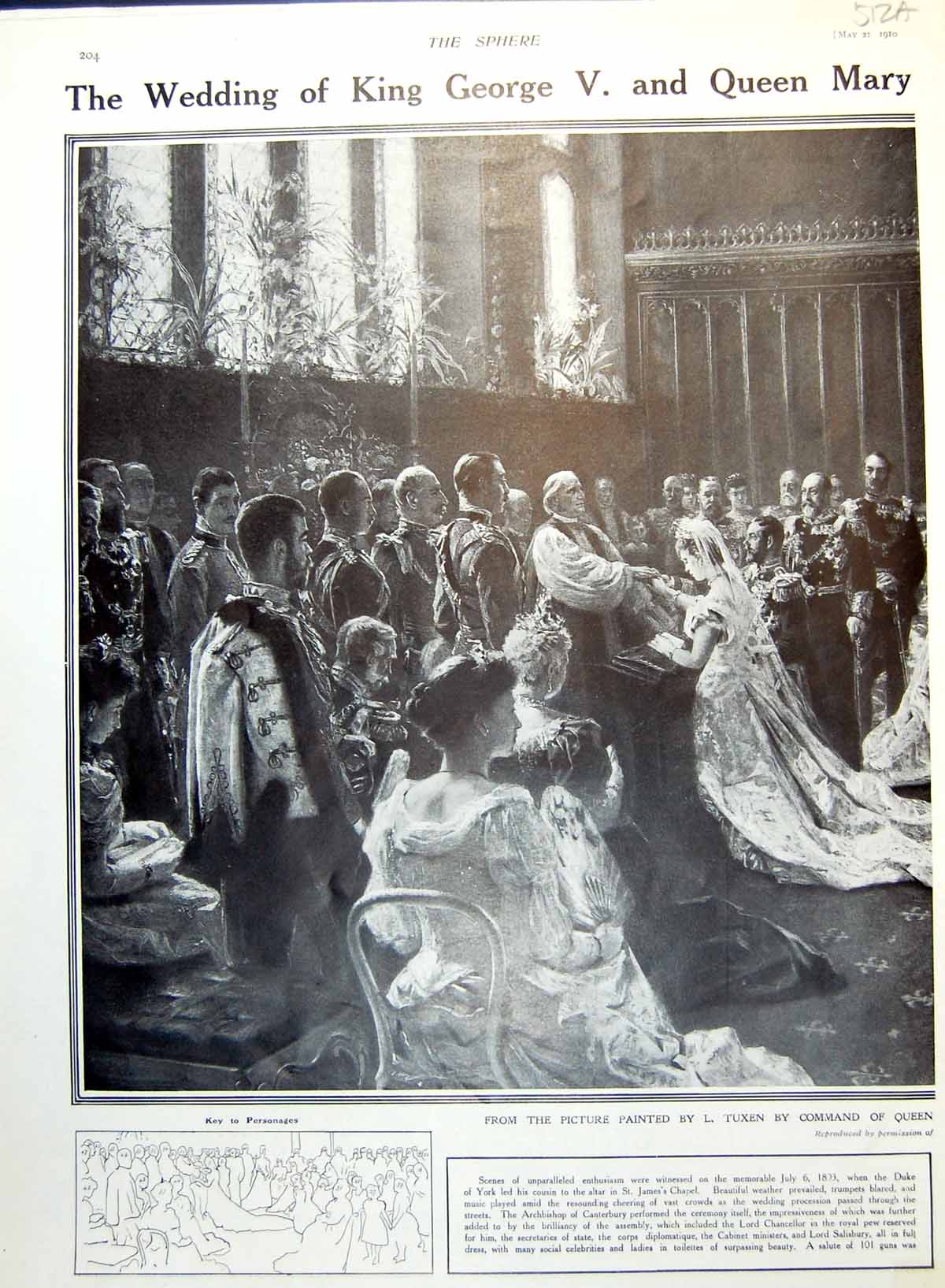 Antique Print Wedding King George V Queen Mary Chapel Royal St. James 1910 20th