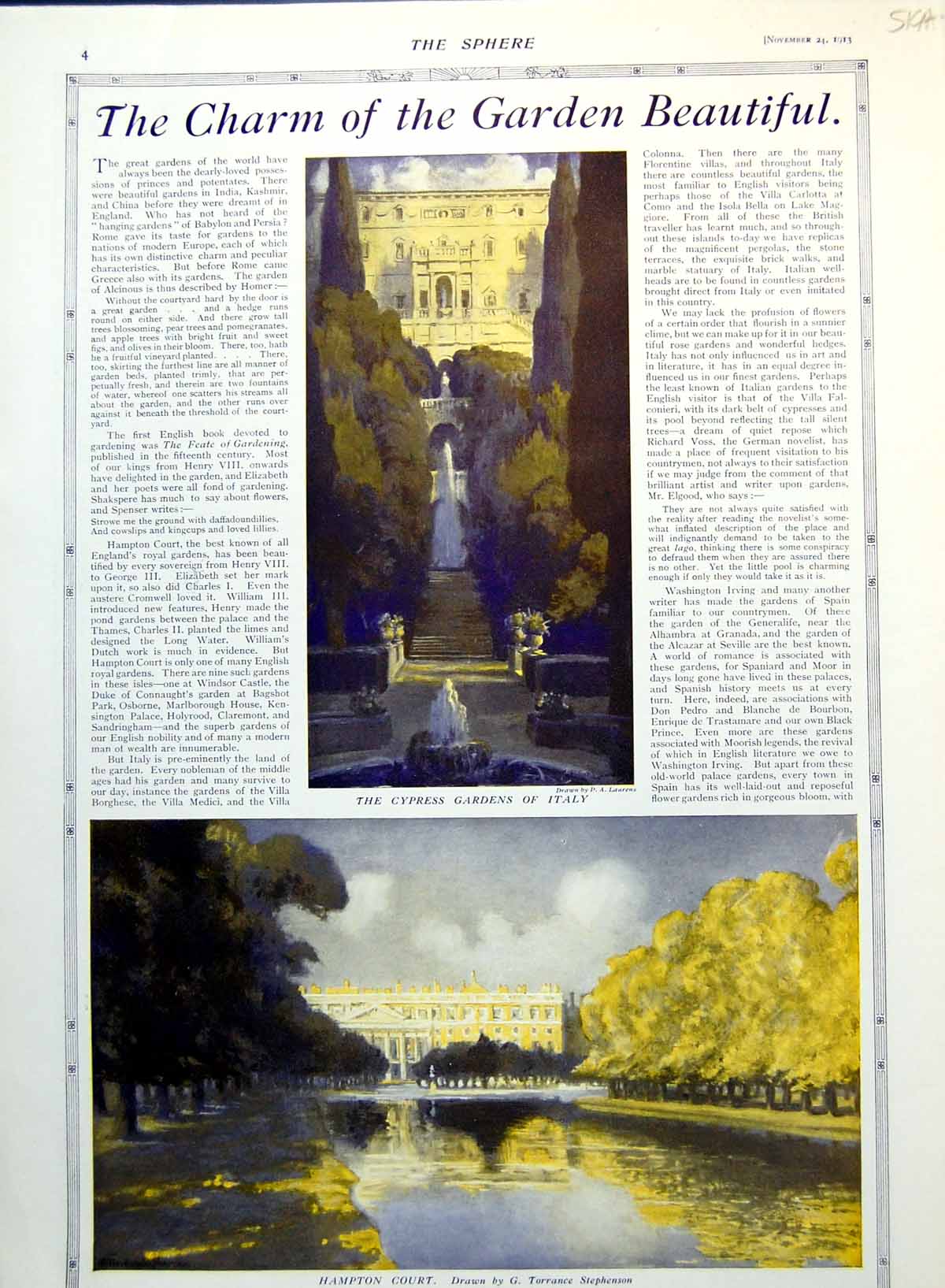 Antique Print Beautiful Gardens Cypress Italy Hampton Court Versailles 1913