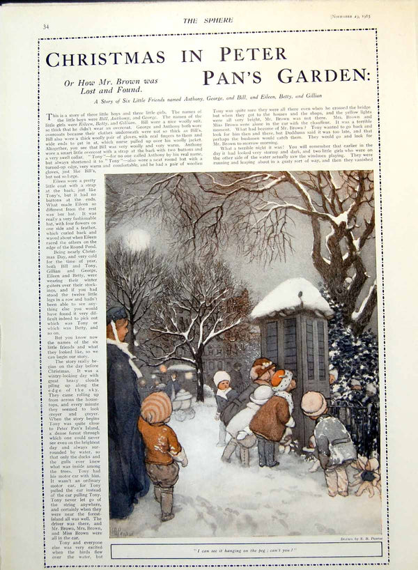 Old Print Christmas In Peter Pan'S Garden Snow Birds Island Windmen 1915 20th
