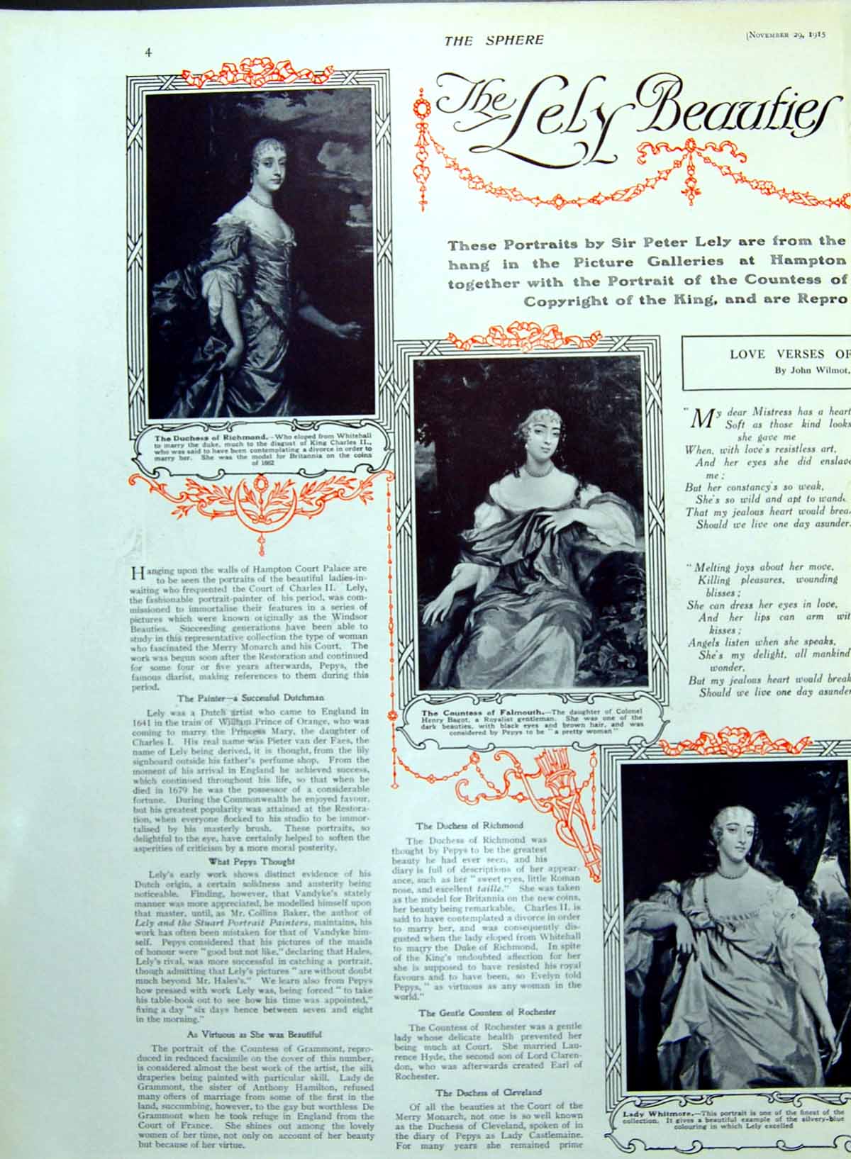 Antique Old Print Sir Peter Lely Beauties Hampton Court Duchess Richmond 1915