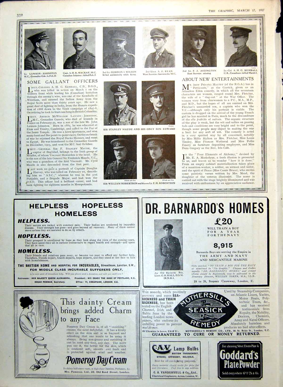 Antique Old Print Some Gallant Officers Adverts Barnardo'S Lord Roberts 1917