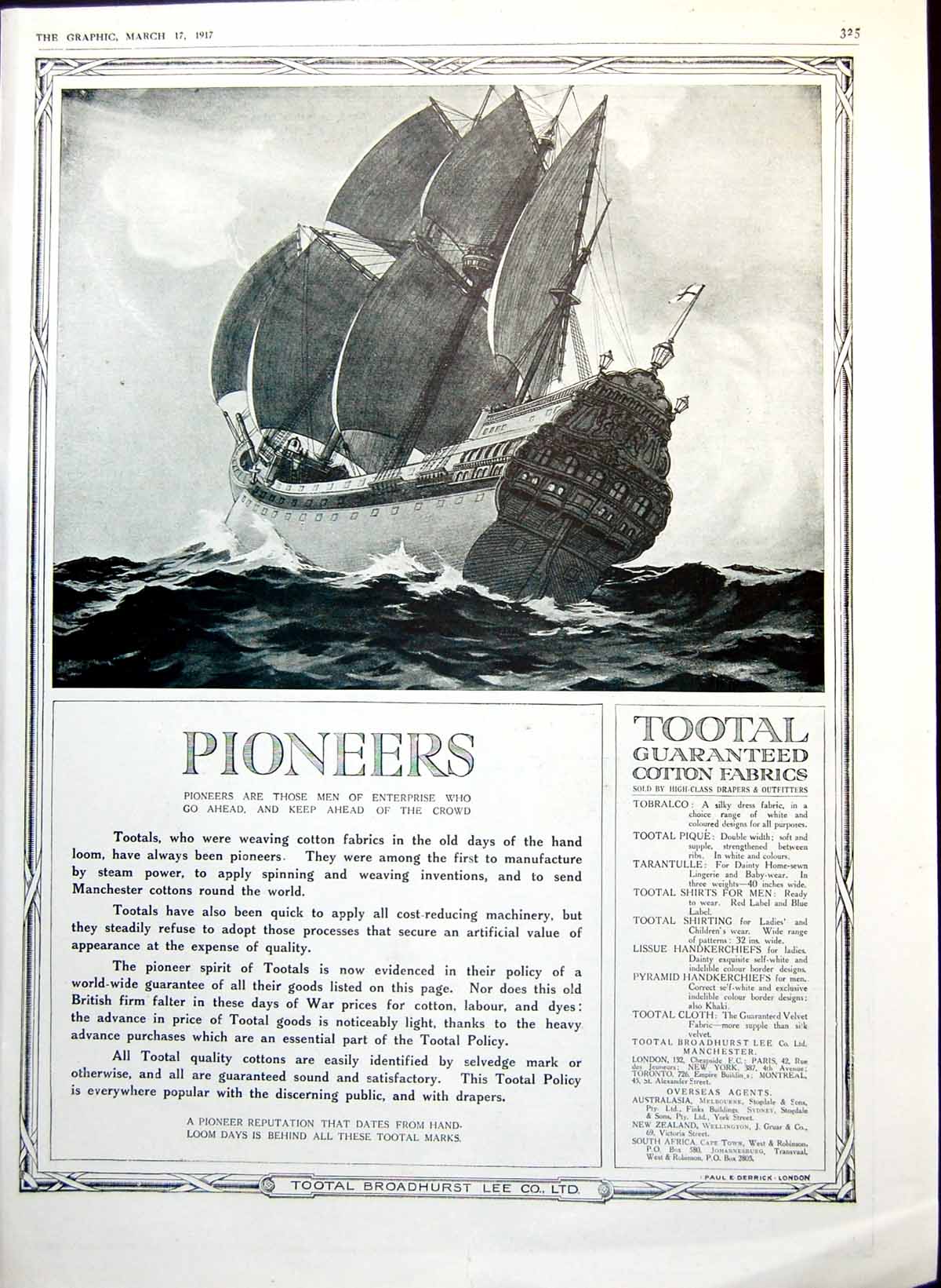Antique Print Tootal Advert Pioneers Ship Sailing Daimler Vacuum Flask 1917