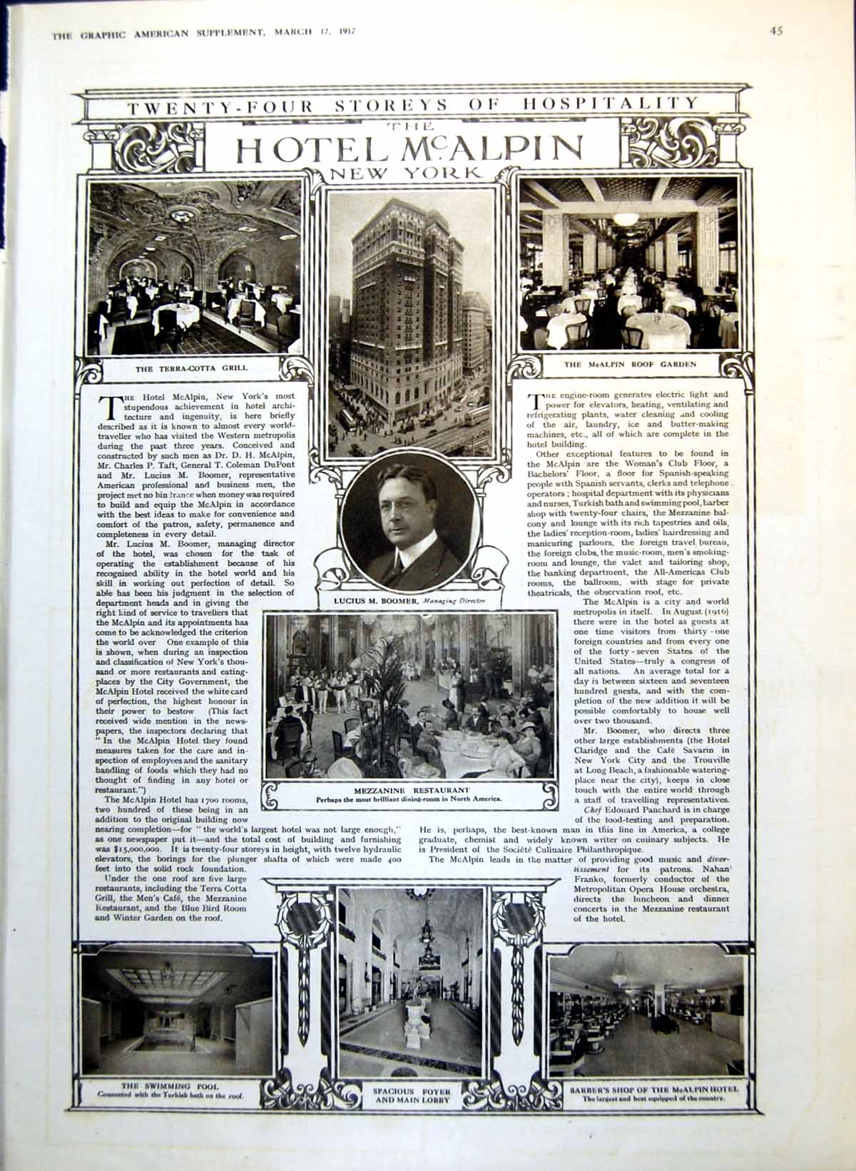 Old Print Hotel Mcalpin New York Exterior Grill Swimming Pool Barber 1917 20th
