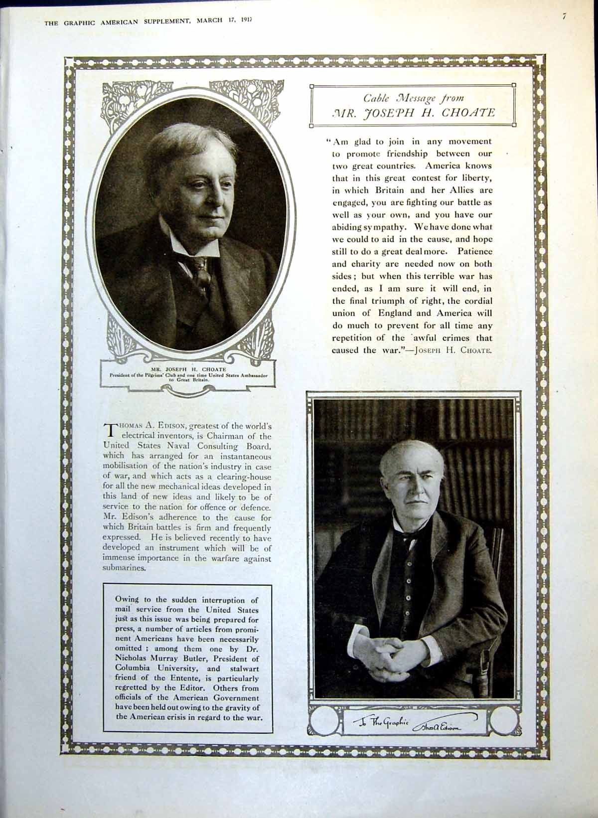 Original Old Vintage Print Mr Joseph A Choate Thomas A Edison Portraits 1917