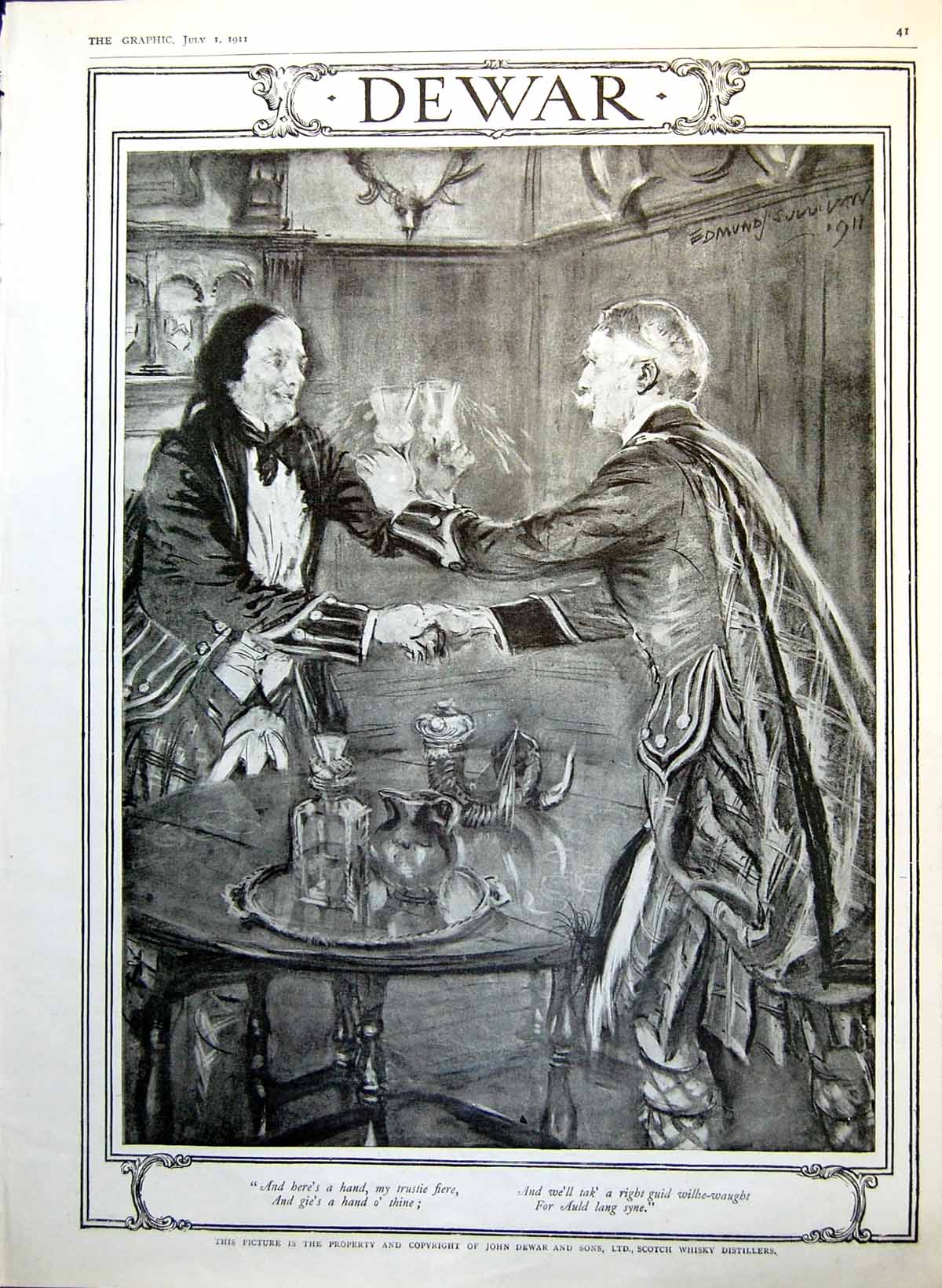 Antique Old Print Dewar Advert Men Glasses Indian Visitors Empire Troop 1911