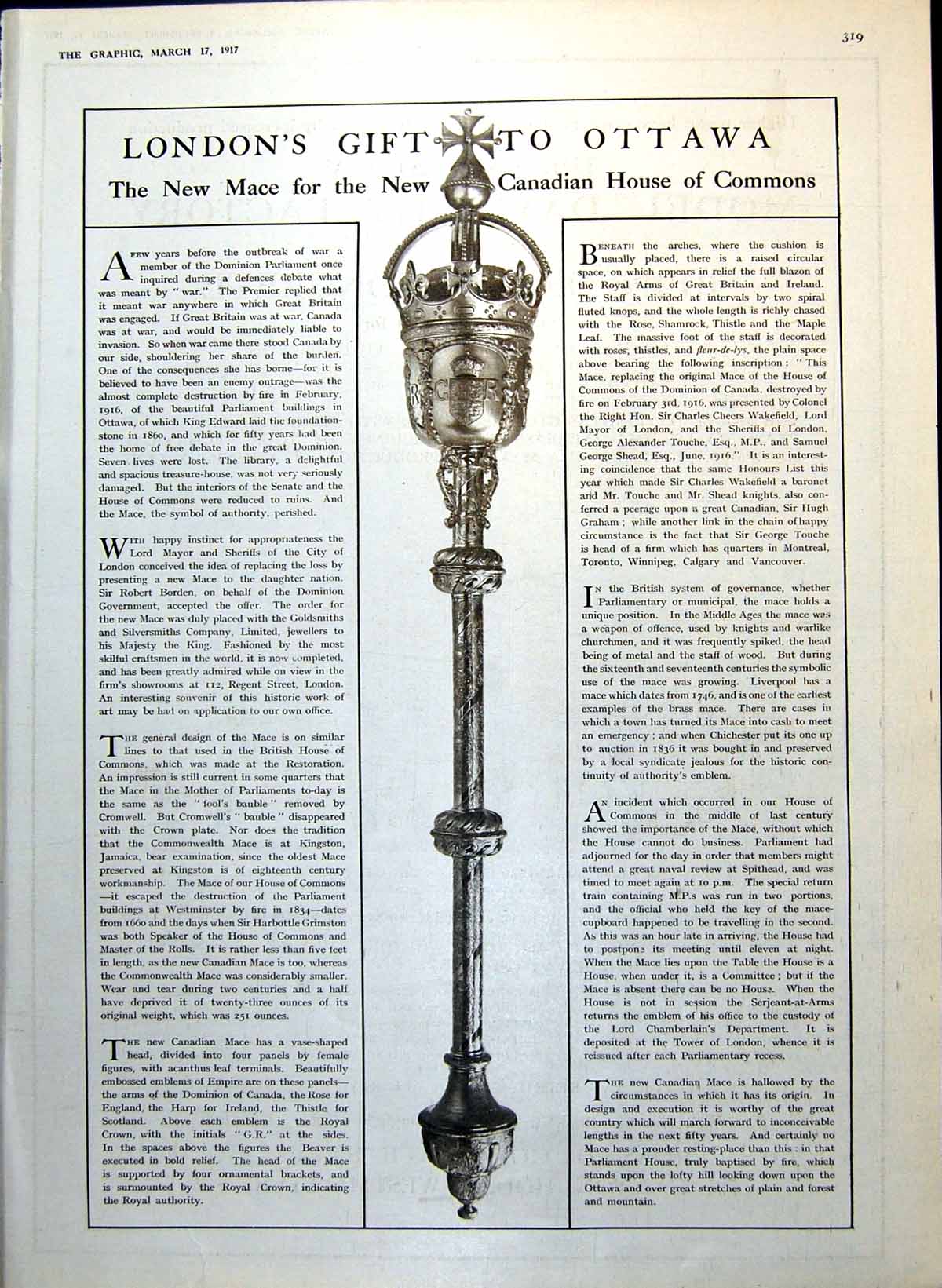 Antique Old Print Mace Canadian House Commons Gift French Troops Trench 1917