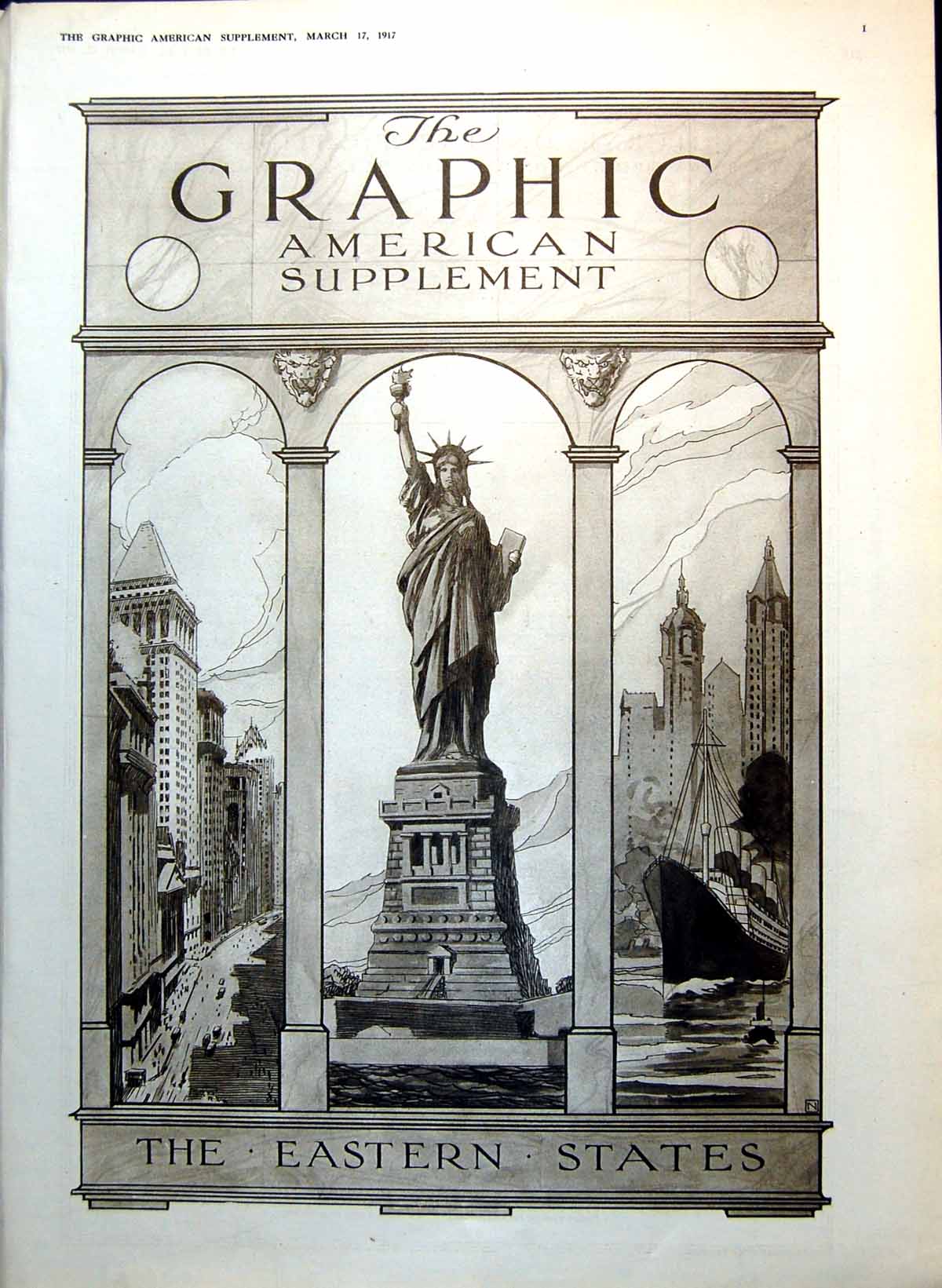 Antique Print Statue Liberty Streets Ship Banker'S Trust Co. Building 1917 20th