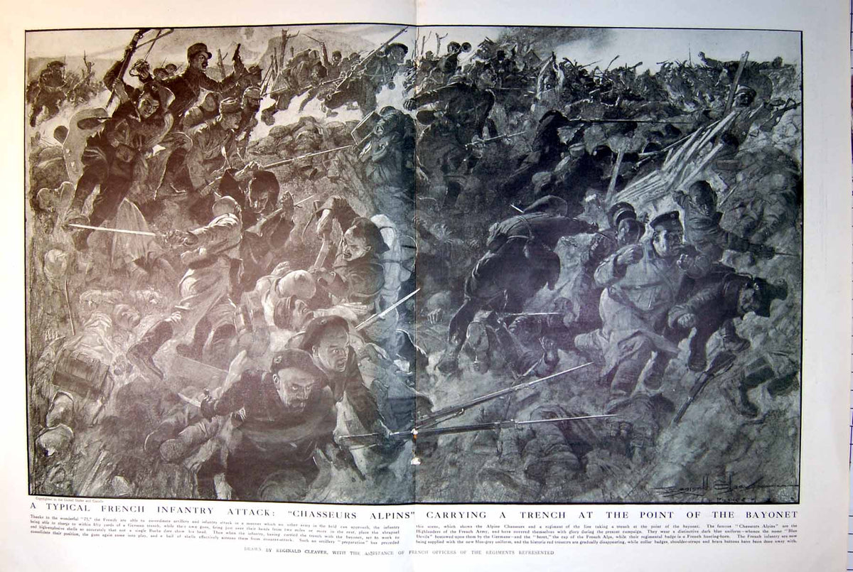Antique Old Print Typical French Infantry Attack Chasseurs Alpins Trench 1915