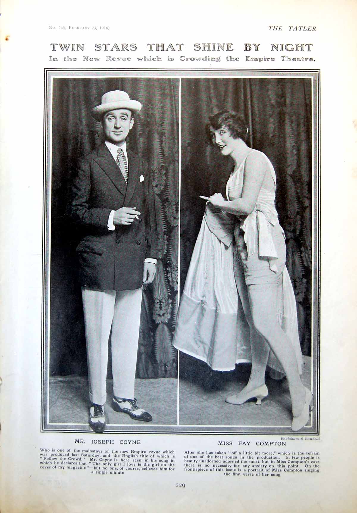 Original Old Antique Print Joseph Coyne Miss Fay Compton Miss Joan Dugdale 1916