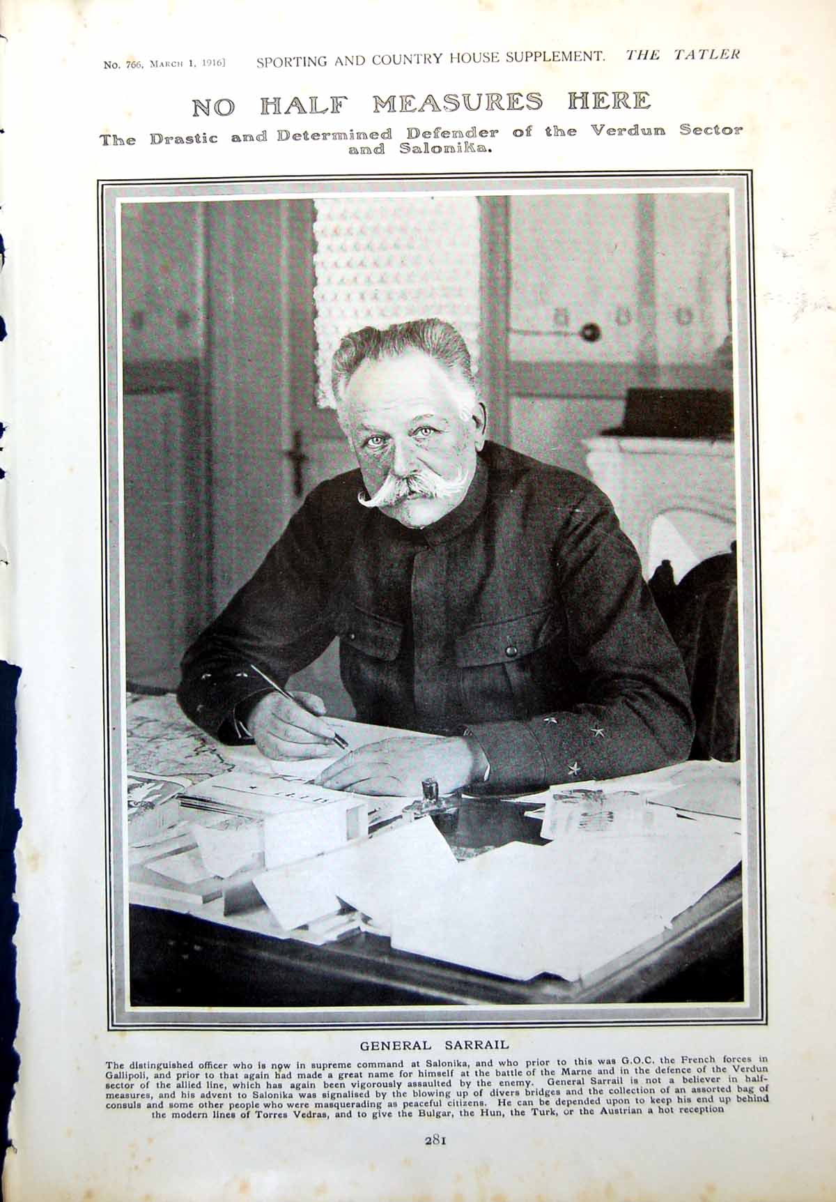Antique Old Print General Sarrail Salonika Mrs Rg Edwards Mlle A Dhery 1916