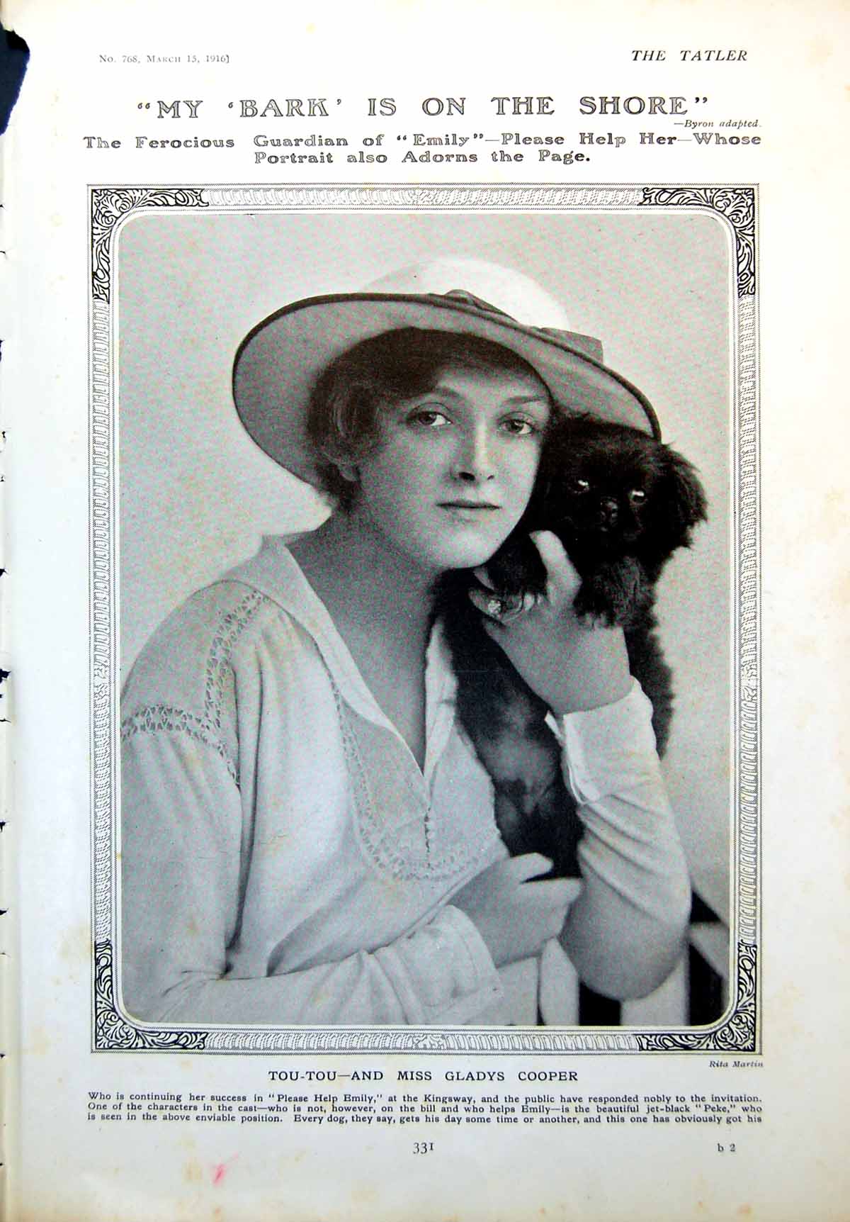 Old Antique Print Miss Gladys Cooper And Tou-Tou Peter Scott Snowman 1916 20th
