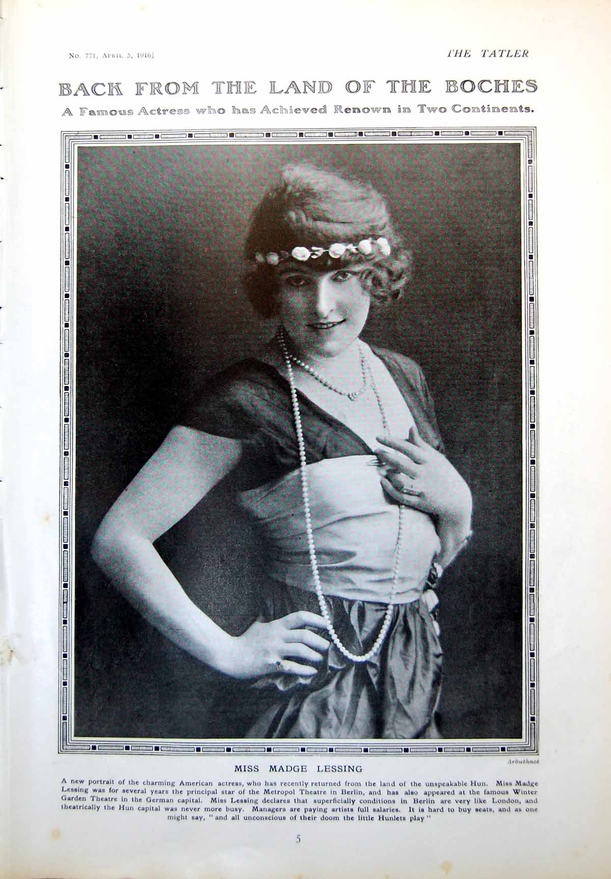 Antique Old Print Miss Madge Lessing American Actress Hon. Mrs Prittie 1916