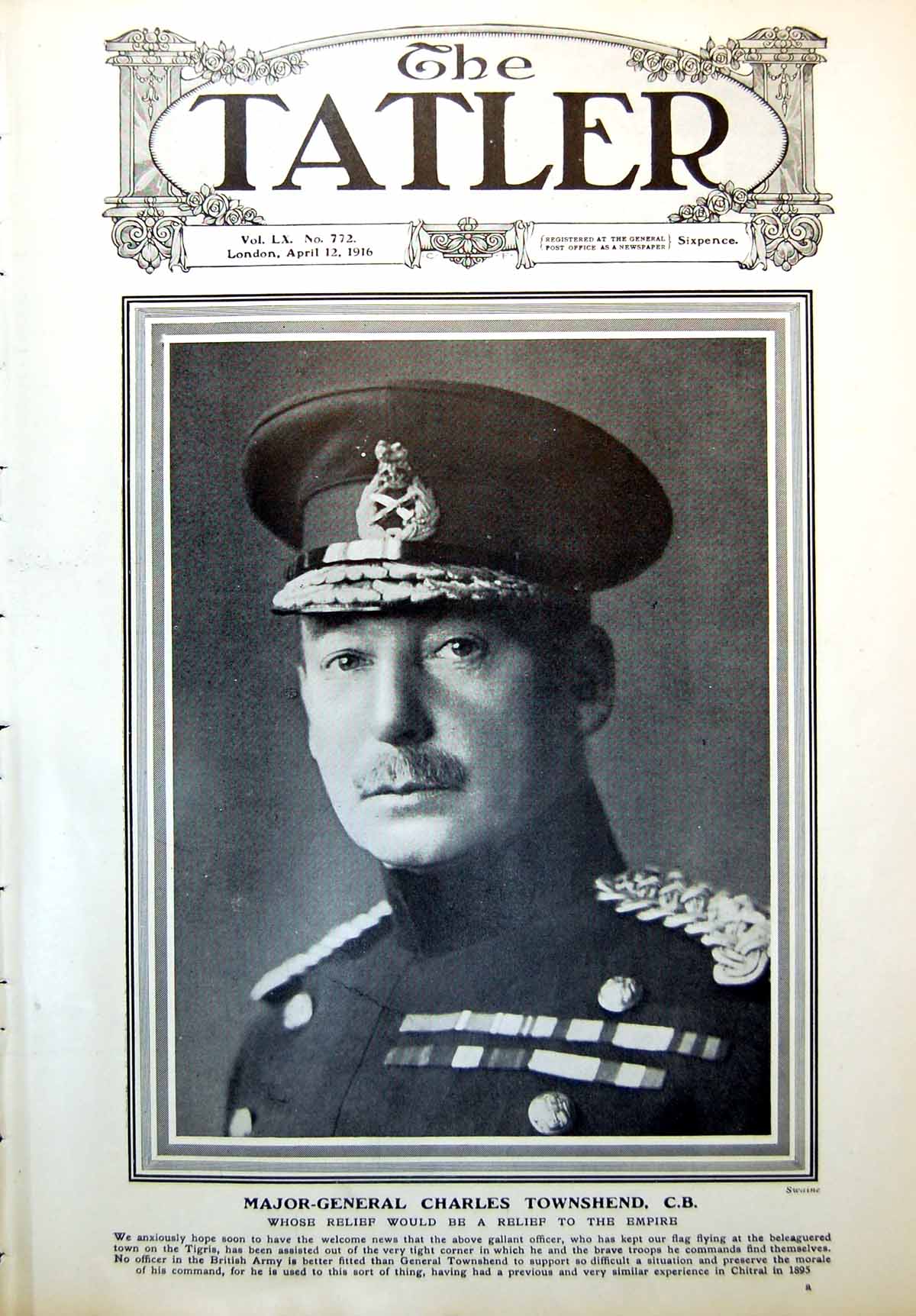 Old Antique Print Major-General Charles Townshend Letters Eve Sier 1916 20th